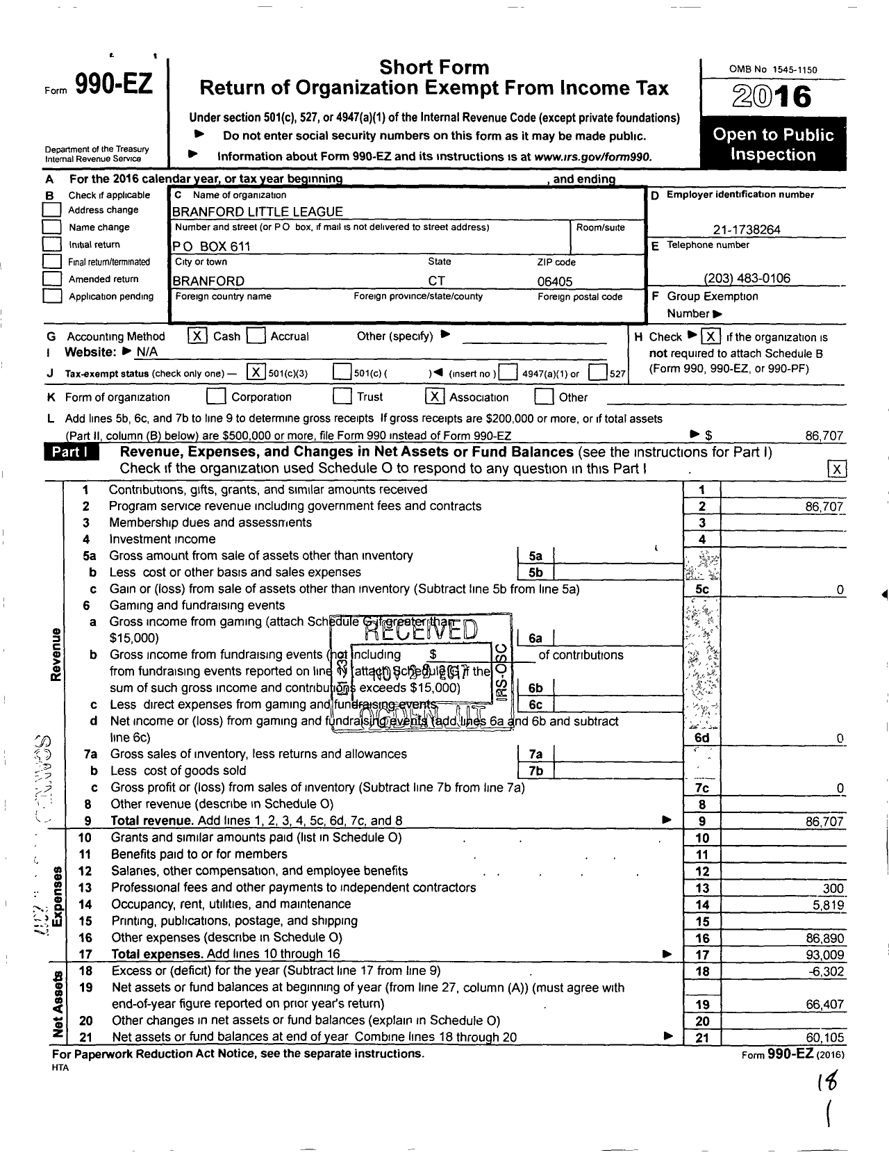 Image of first page of 2016 Form 990EZ for Branford Little League