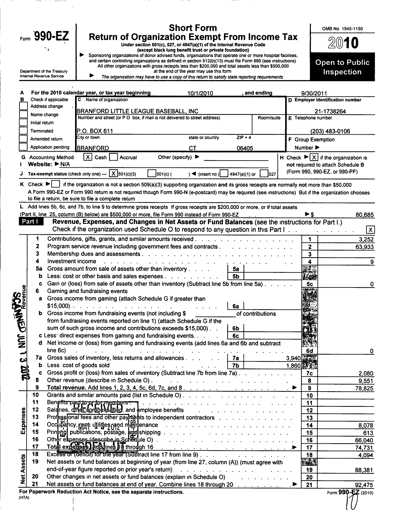 Image of first page of 2010 Form 990EZ for Branford Little League