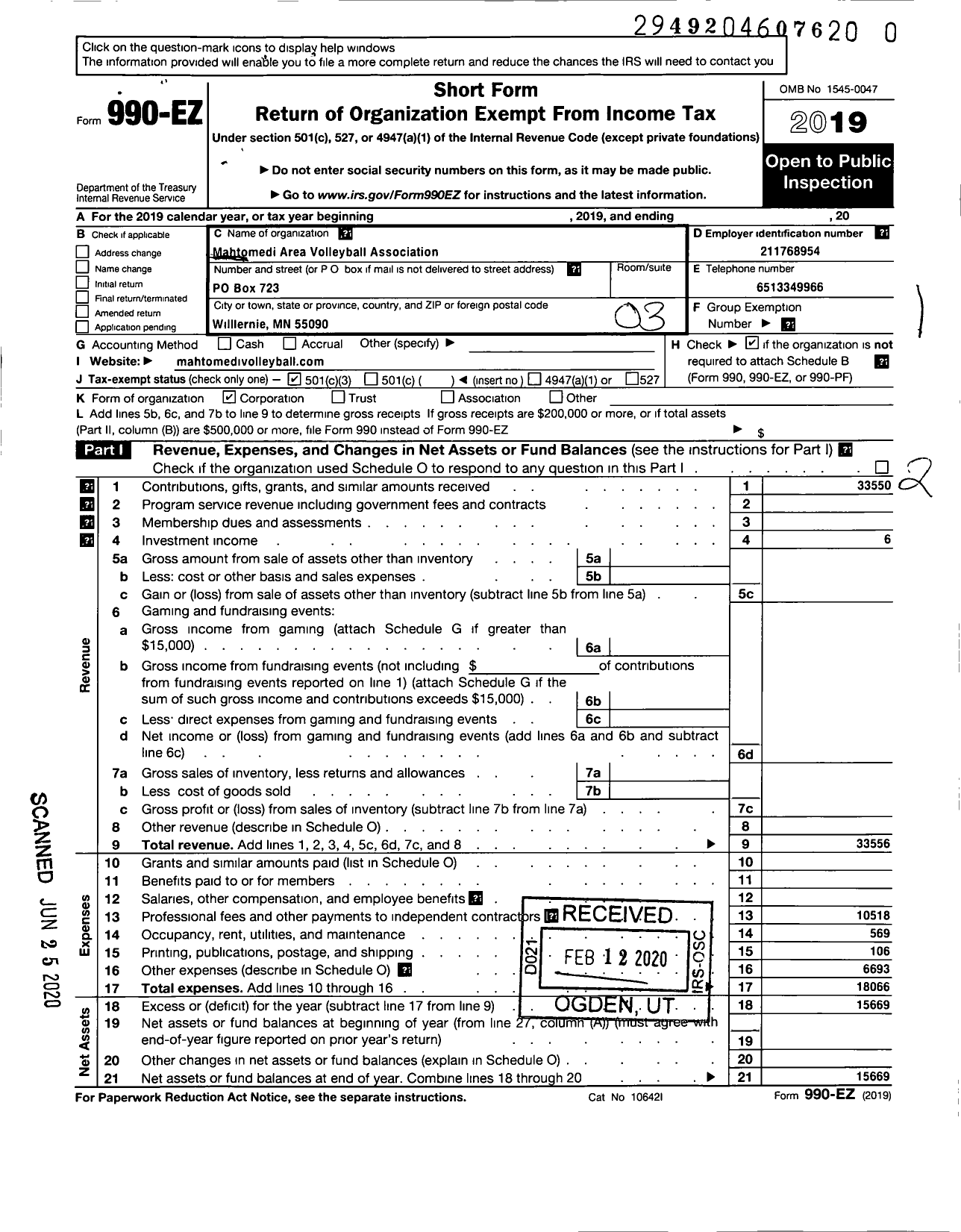 Image of first page of 2019 Form 990EZ for Mahtomedi Area Volleyball Association