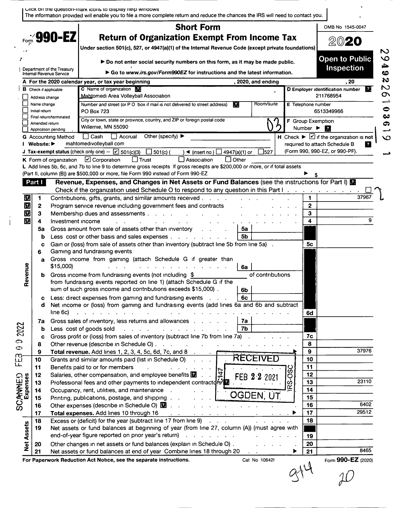 Image of first page of 2020 Form 990EZ for Mahtomedi Area Volleyball Association