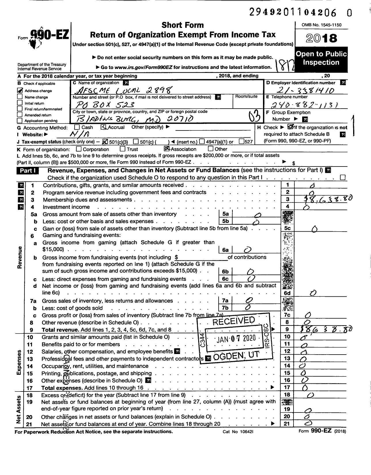 Image of first page of 2018 Form 990EZ for American Federation of State County & Municipal Employees - L2898MD Wash Suburban Sanitary Comm