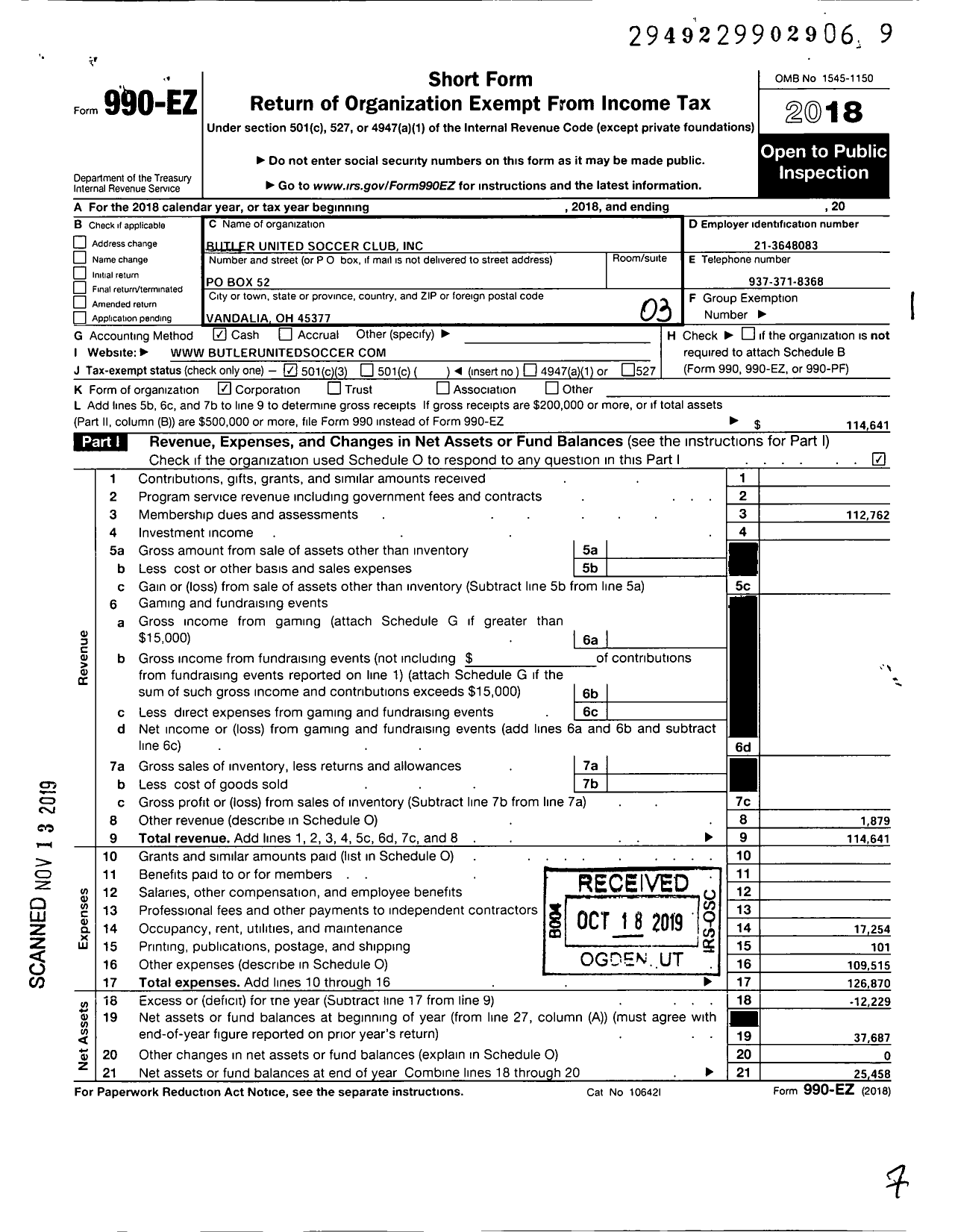 Image of first page of 2018 Form 990EZ for Butler United Soccer Club