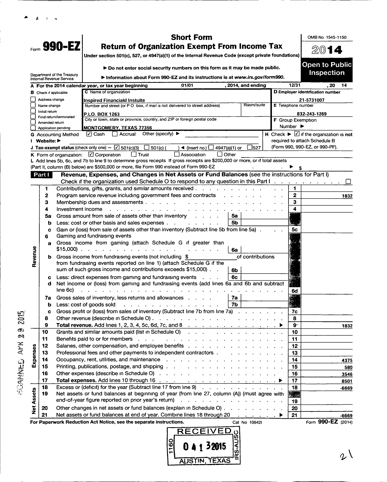 Image of first page of 2014 Form 990EZ for Inspired Financial Institute