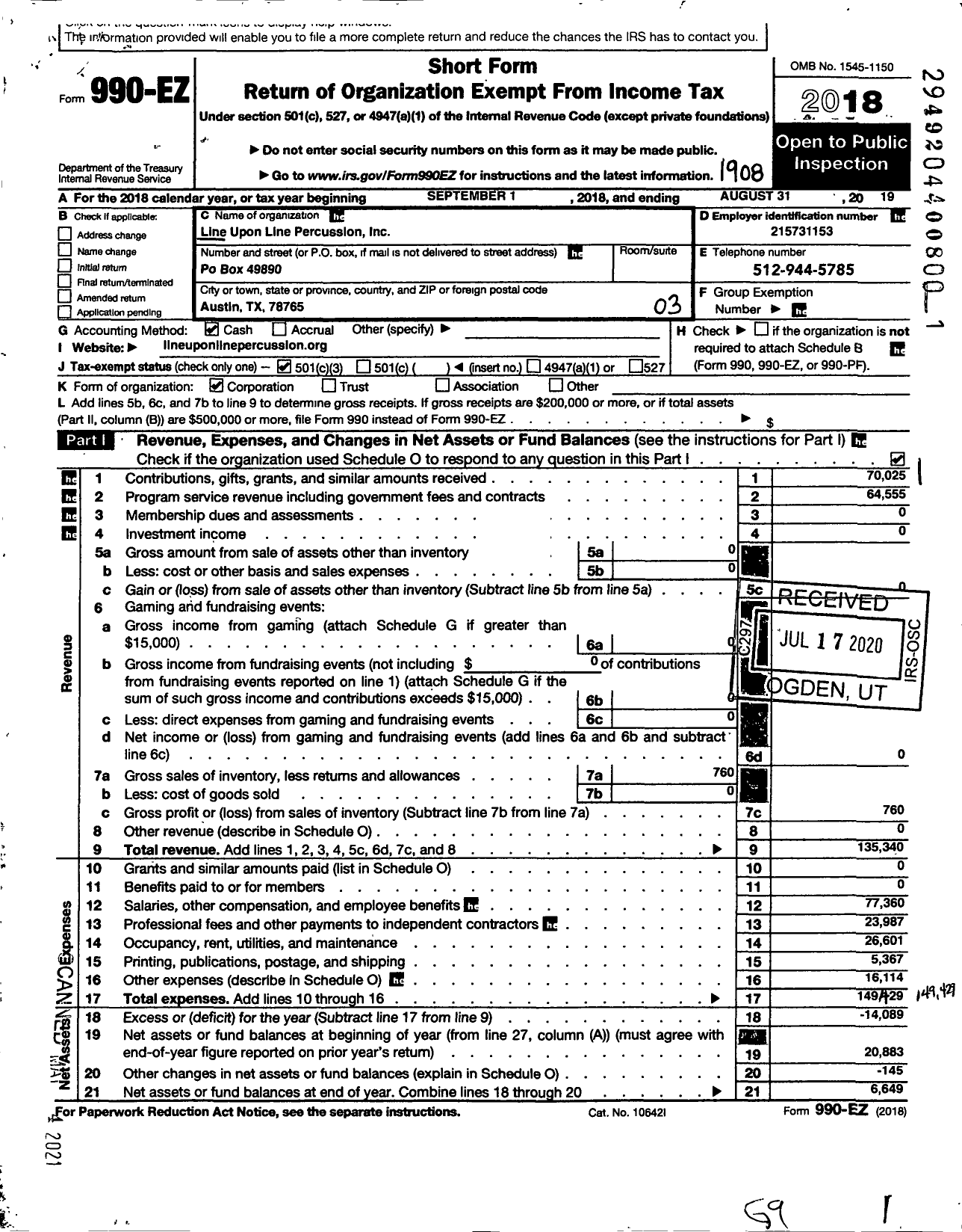 Image of first page of 2018 Form 990EZ for Line Upon Line Percussion