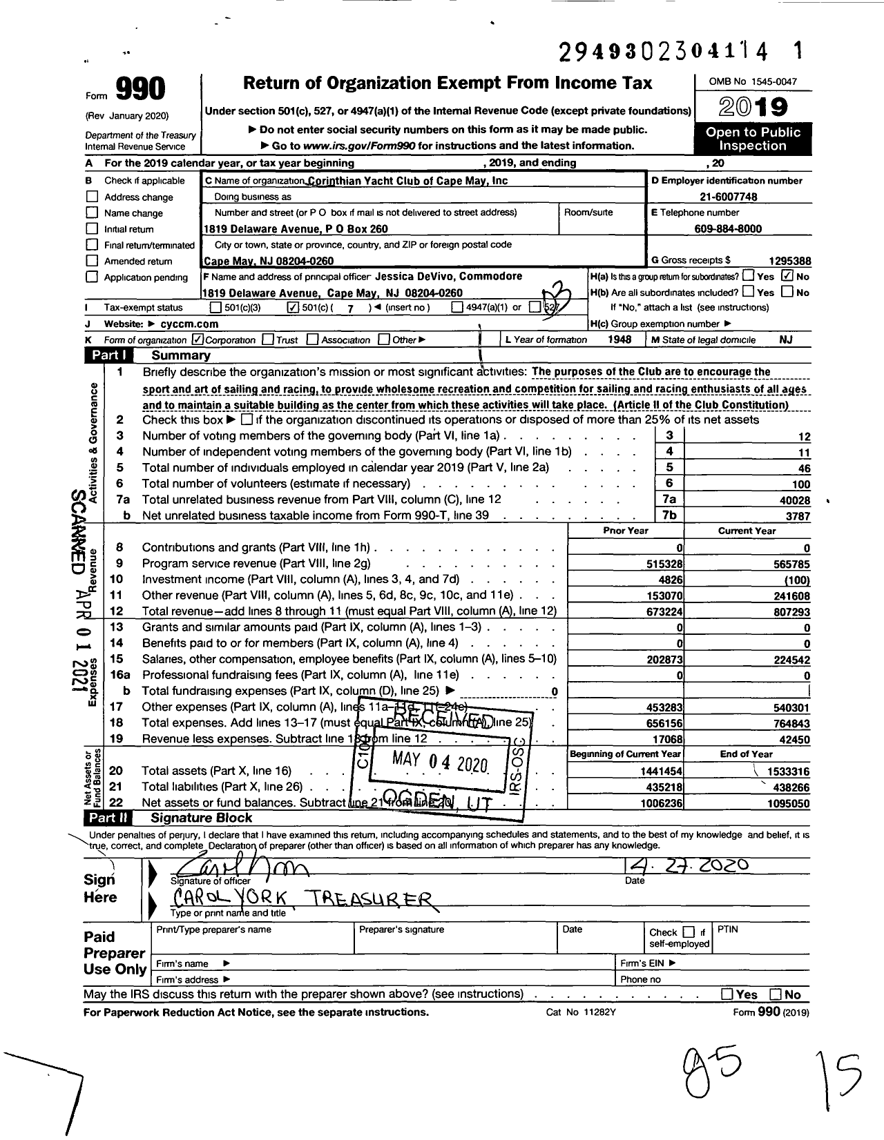 Image of first page of 2019 Form 990 for Corinthian Yacht Club of Cape May