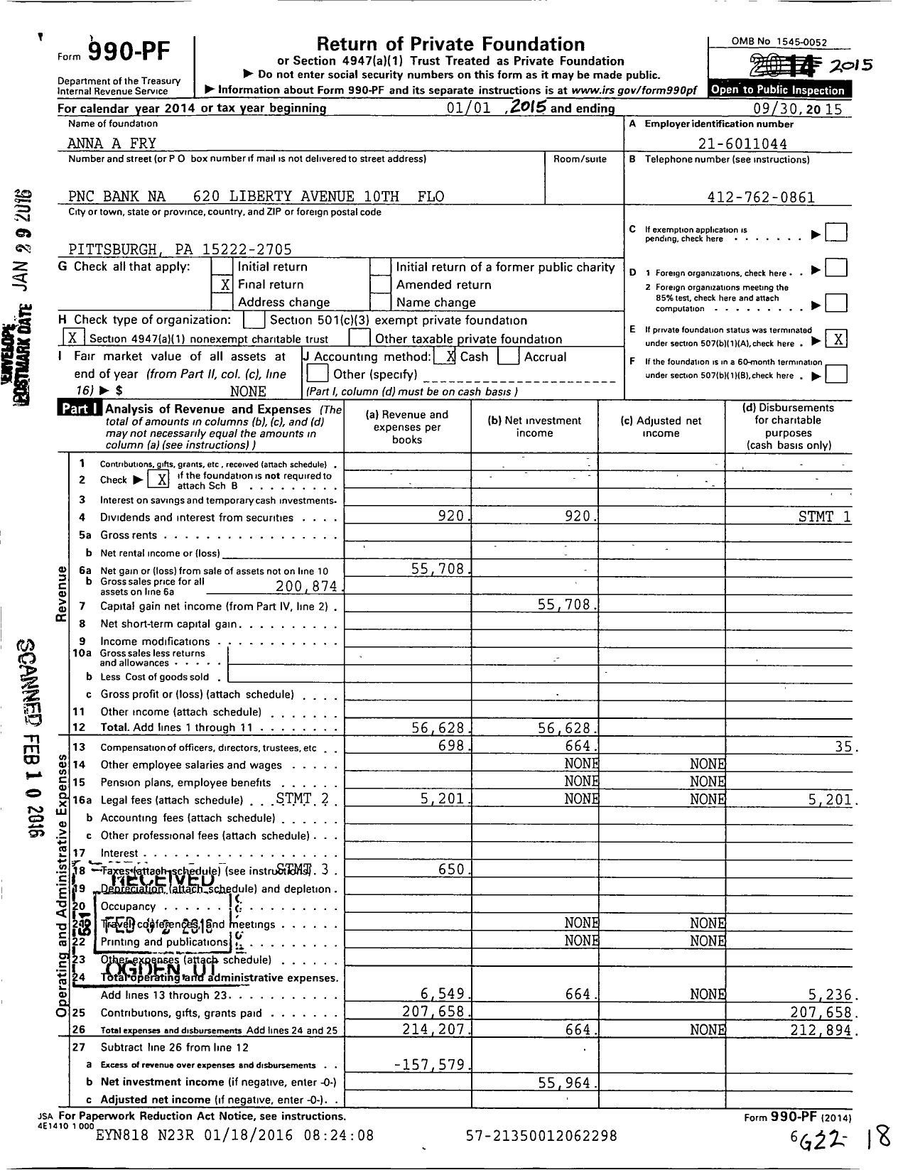 Image of first page of 2014 Form 990PF for Anna A Fry