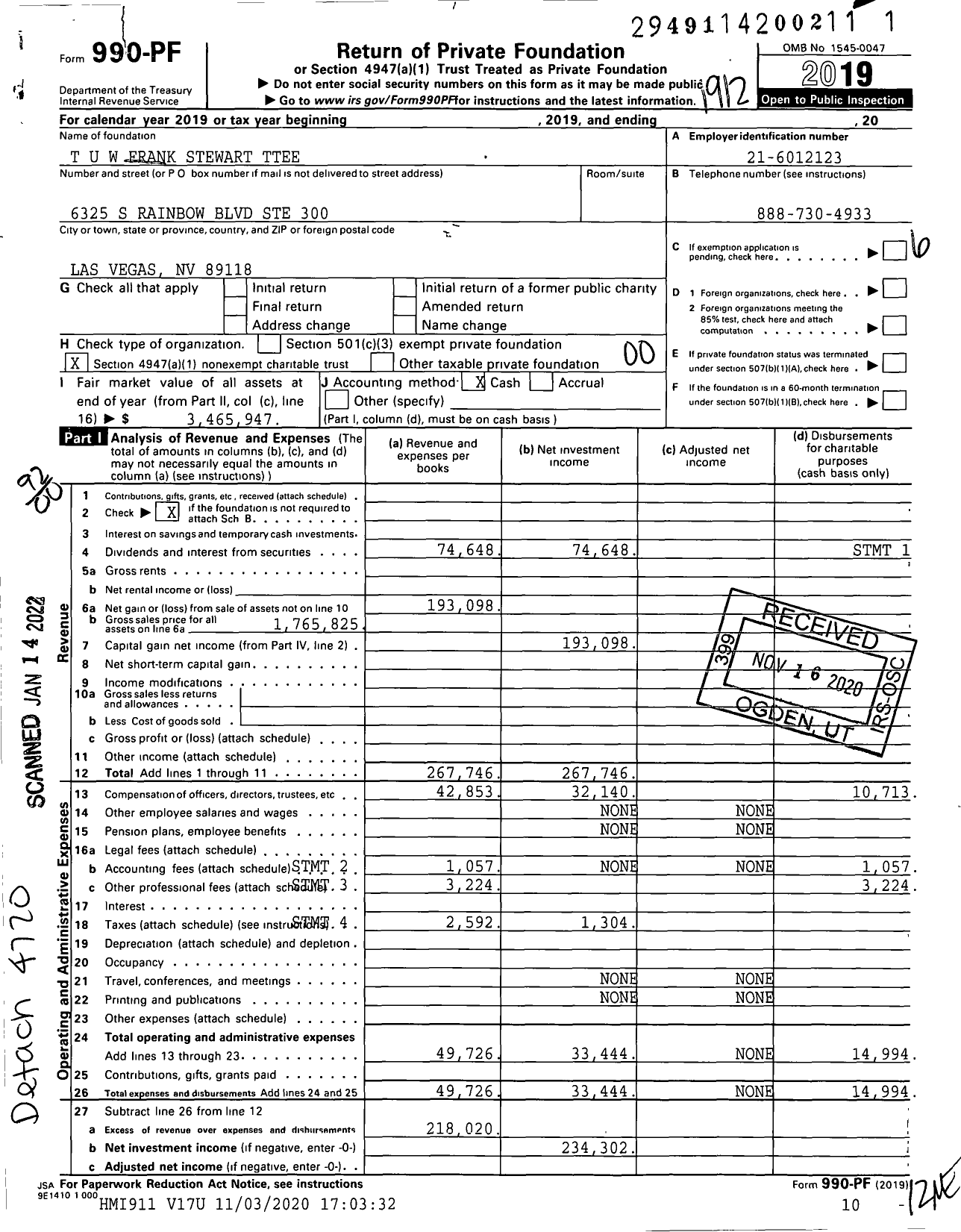 Image of first page of 2019 Form 990PF for T U W Frank Stewart Ttee