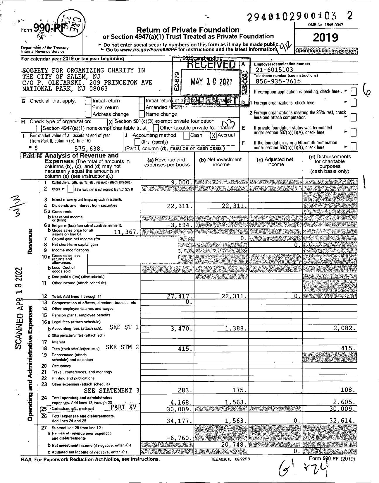 Image of first page of 2019 Form 990PF for SOCiety For Organizing CHARITY IN THE City of Salem NJ