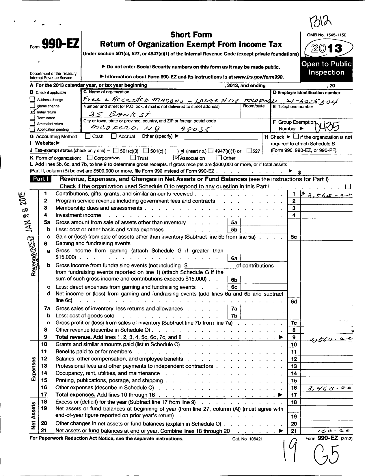 Image of first page of 2013 Form 990EO for Free & Accepted Masons of New Jersey - 178 Medford