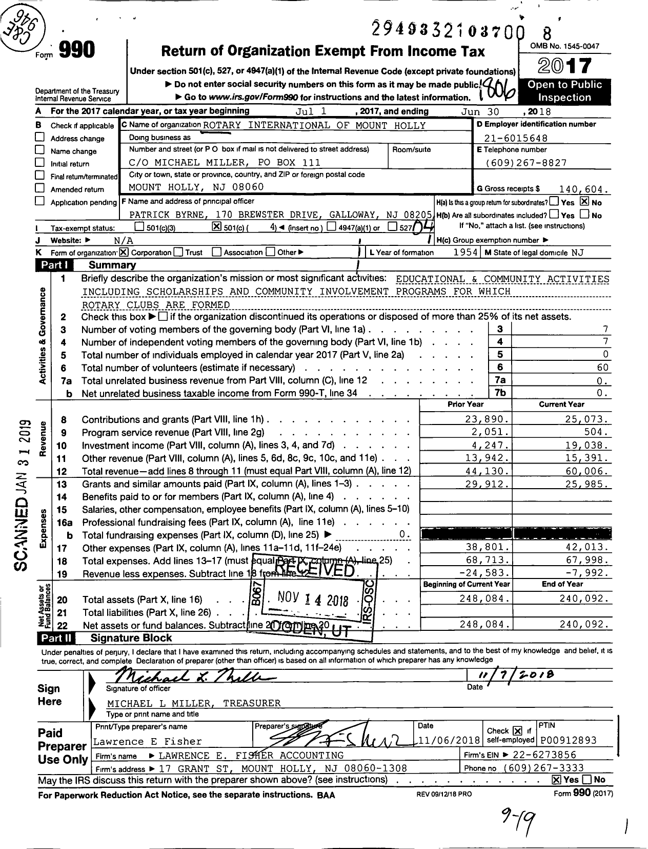 Image of first page of 2017 Form 990O for Rotary International - Mount Holly Rotary Club