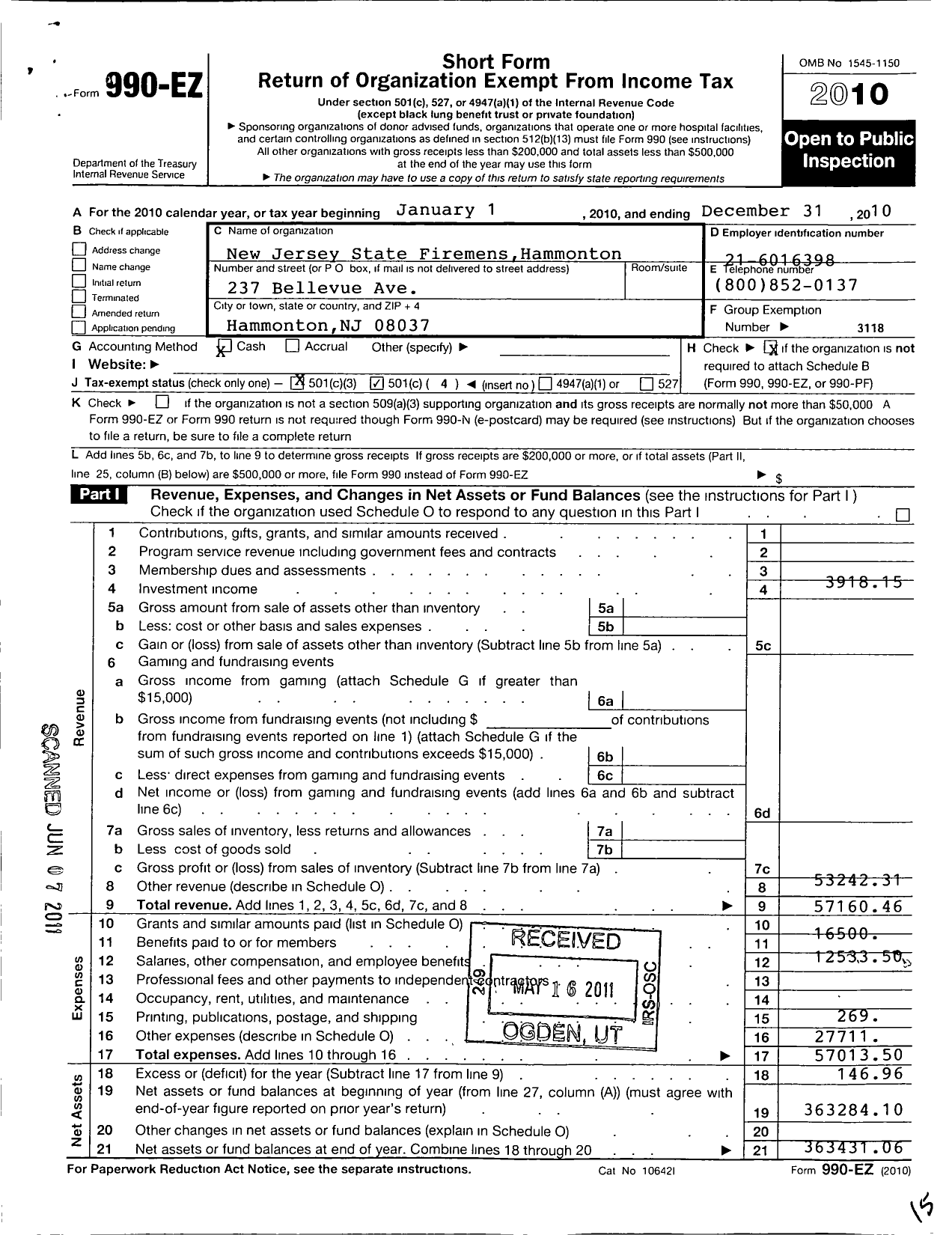 Image of first page of 2010 Form 990EO for New Jersey State Firemen's Association - Hammonton