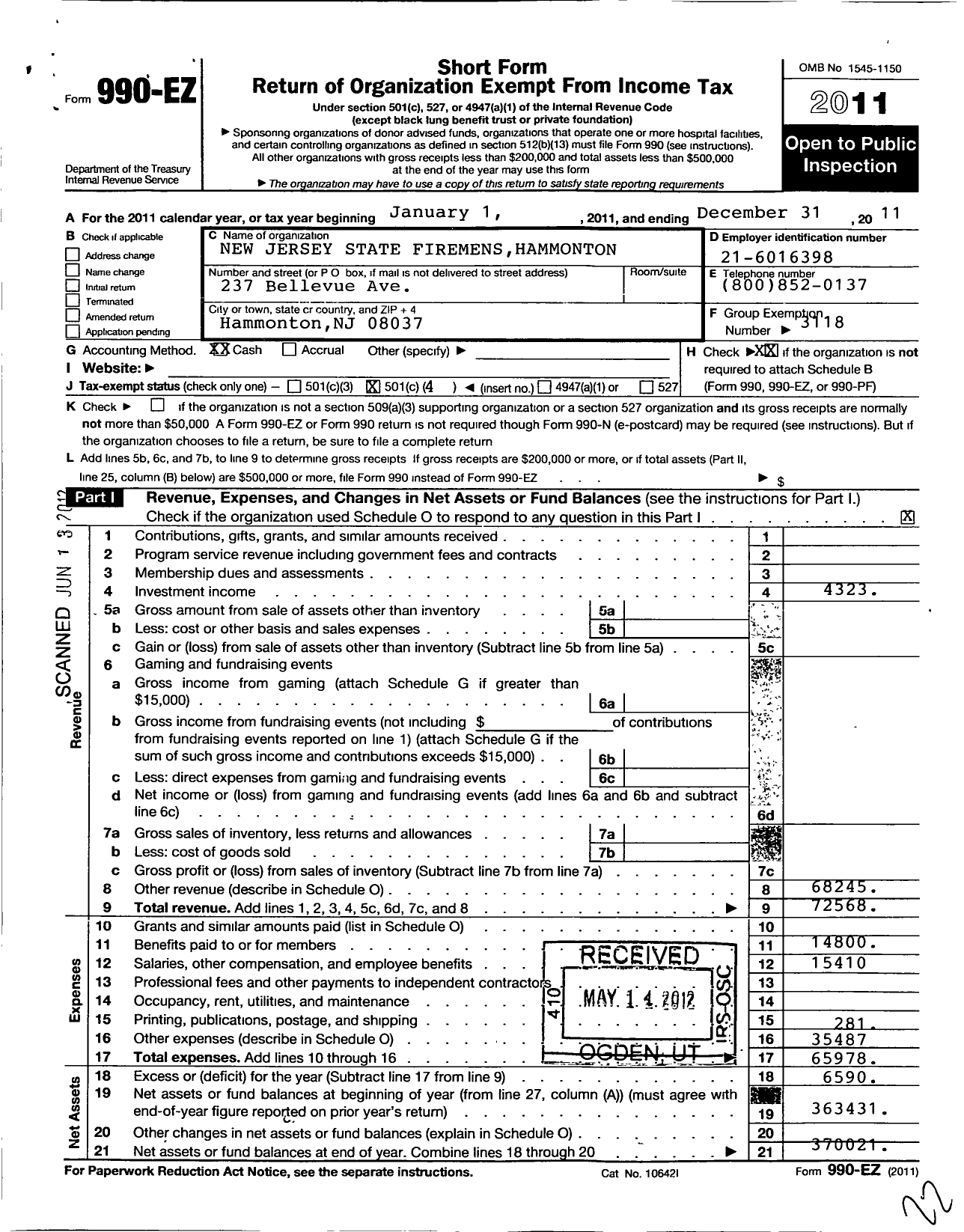 Image of first page of 2011 Form 990EO for New Jersey State Firemen's Association - Hammonton