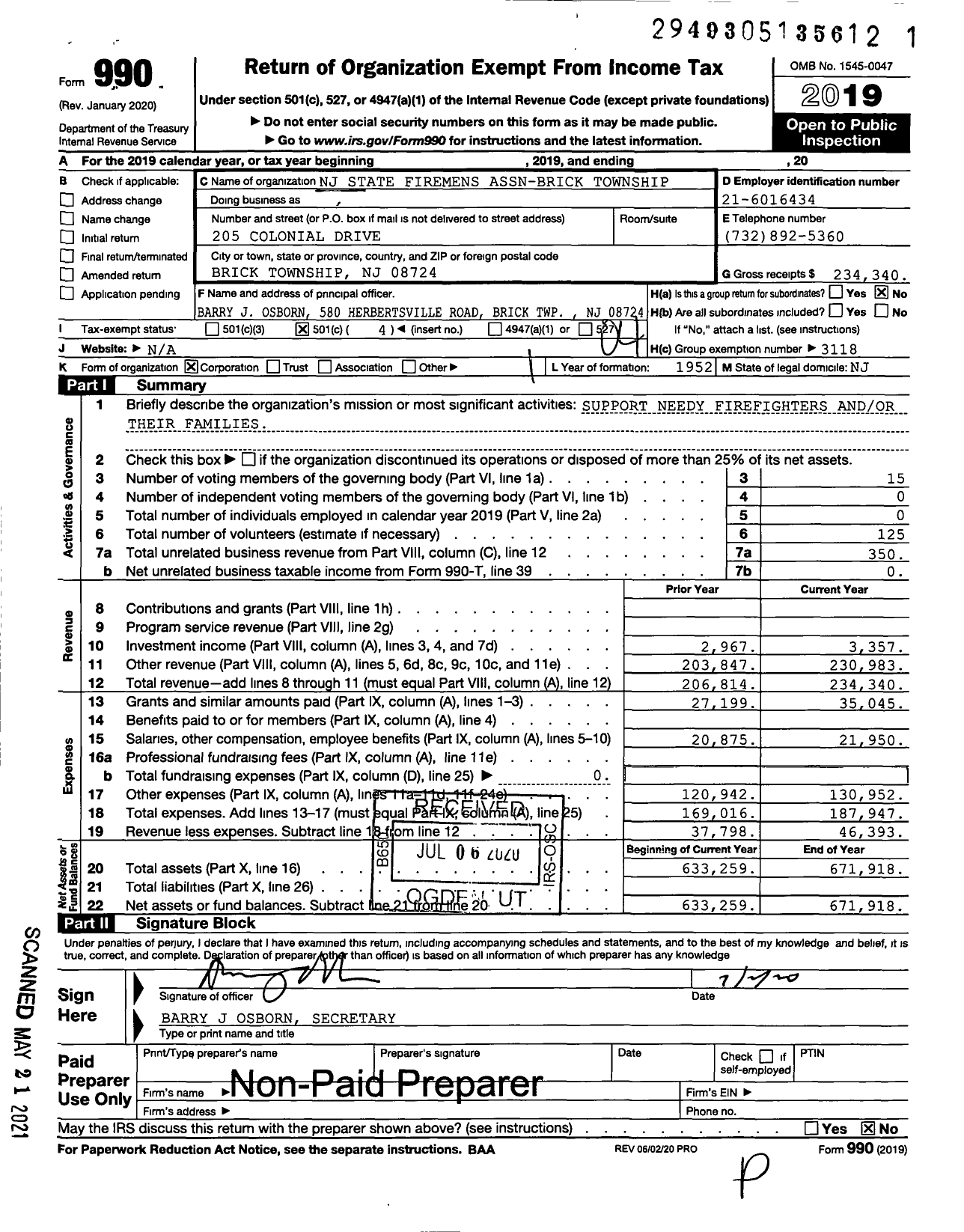 Image of first page of 2019 Form 990O for New Jersey State Firemen's Association - Brick TWSP