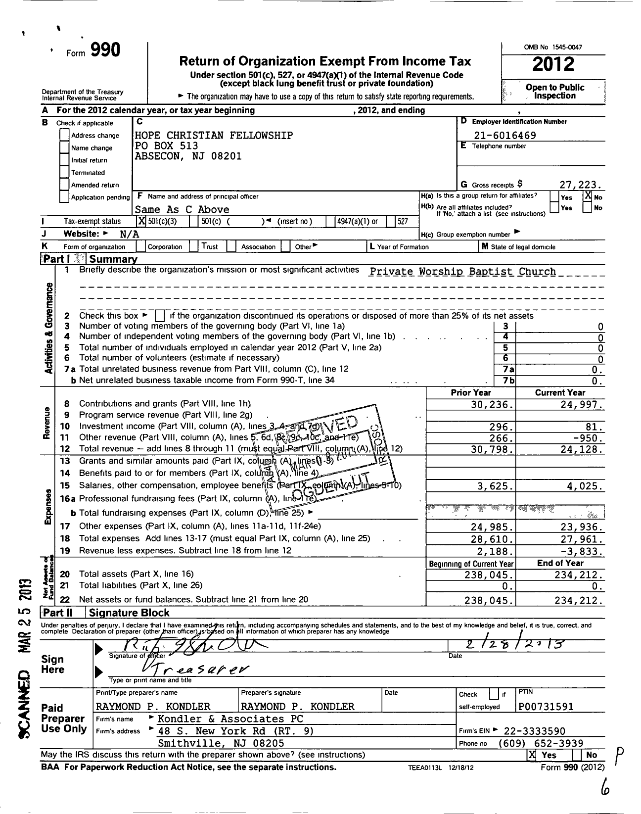 Image of first page of 2012 Form 990 for Hope Christian Fellowship