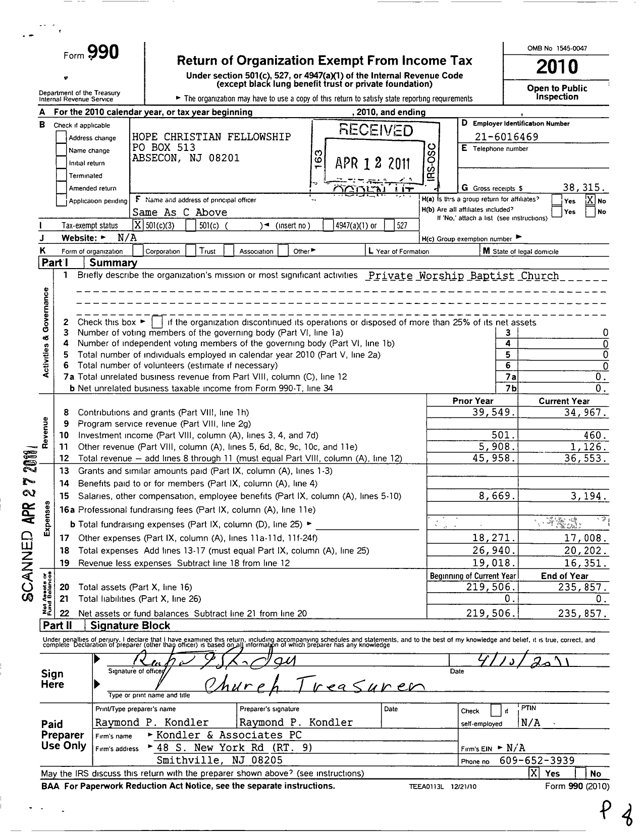 Image of first page of 2010 Form 990 for Hope Christian Fellowship