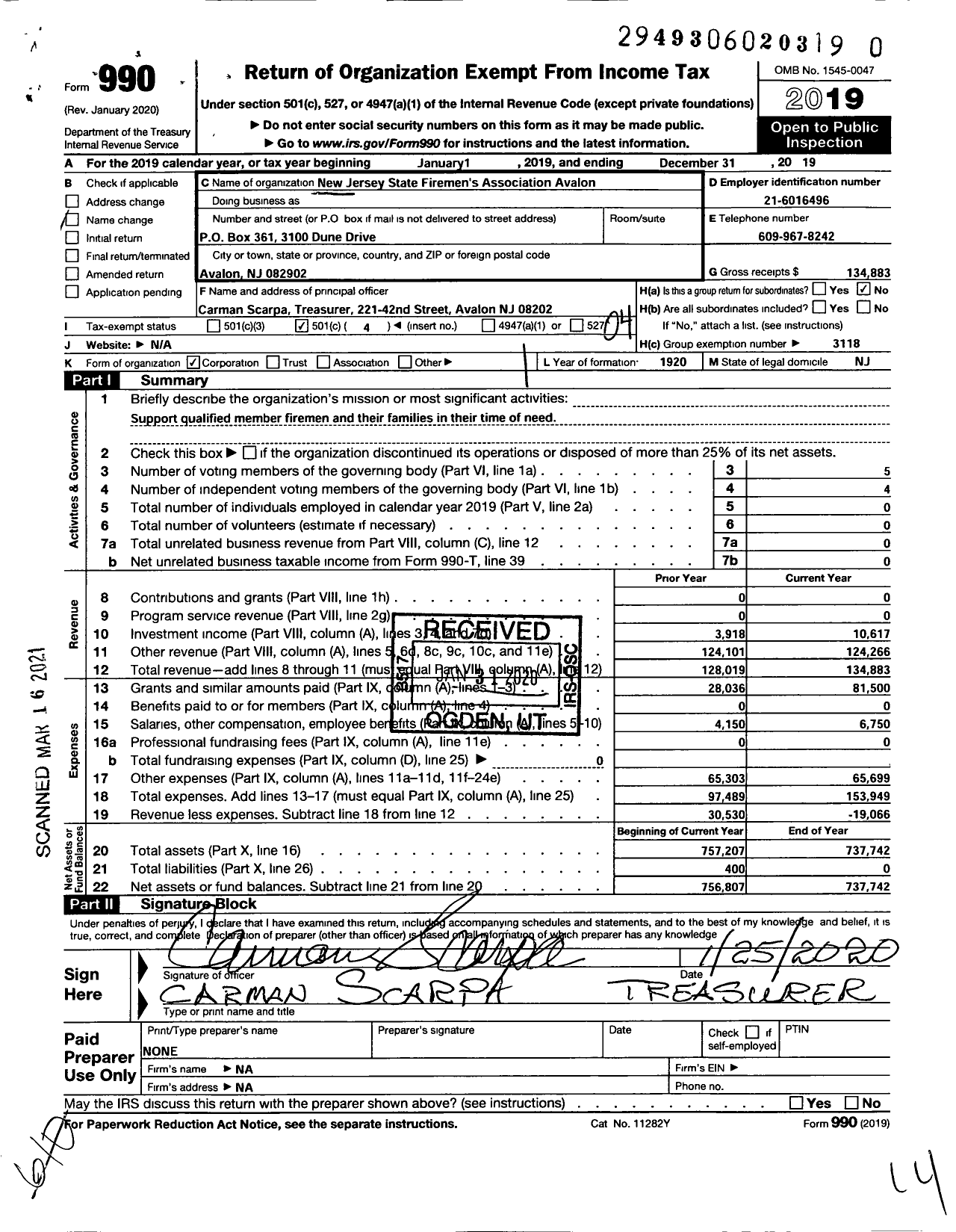 Image of first page of 2019 Form 990O for New Jersey State Firemen's Association - Avalon