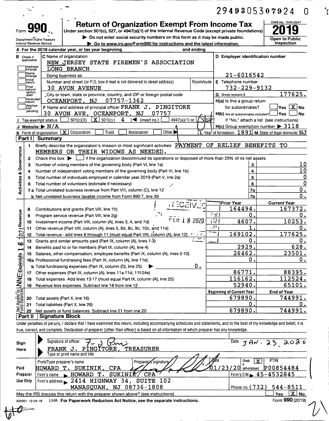 Image of first page of 2019 Form 990O for New Jersey State Firemen's Association - Long Branch