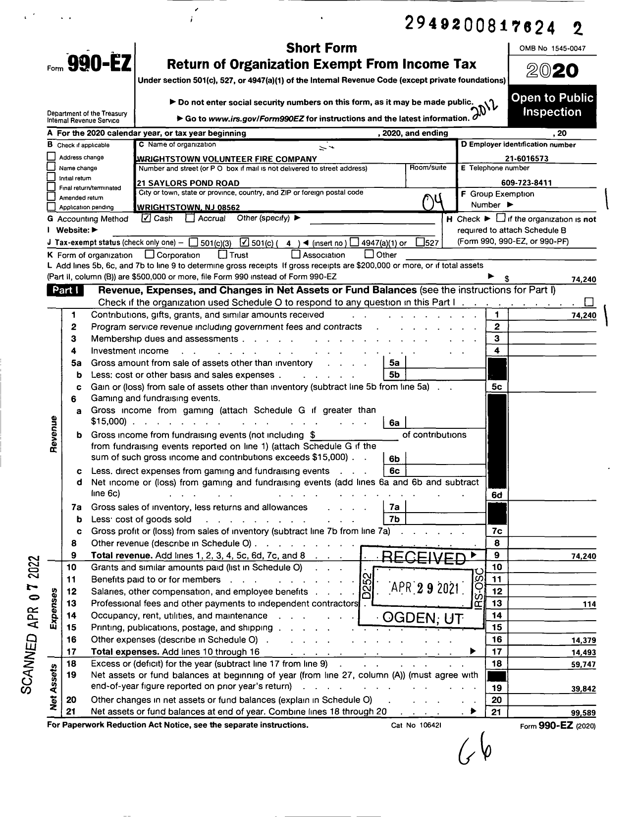 Image of first page of 2020 Form 990EO for Wrightstown Volunteer Fire Company
