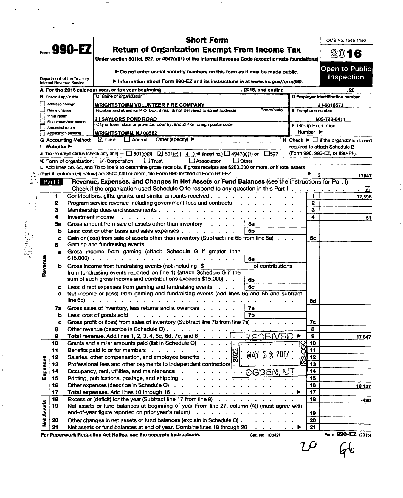 Image of first page of 2016 Form 990EO for Wrightstown Volunteer Fire Company