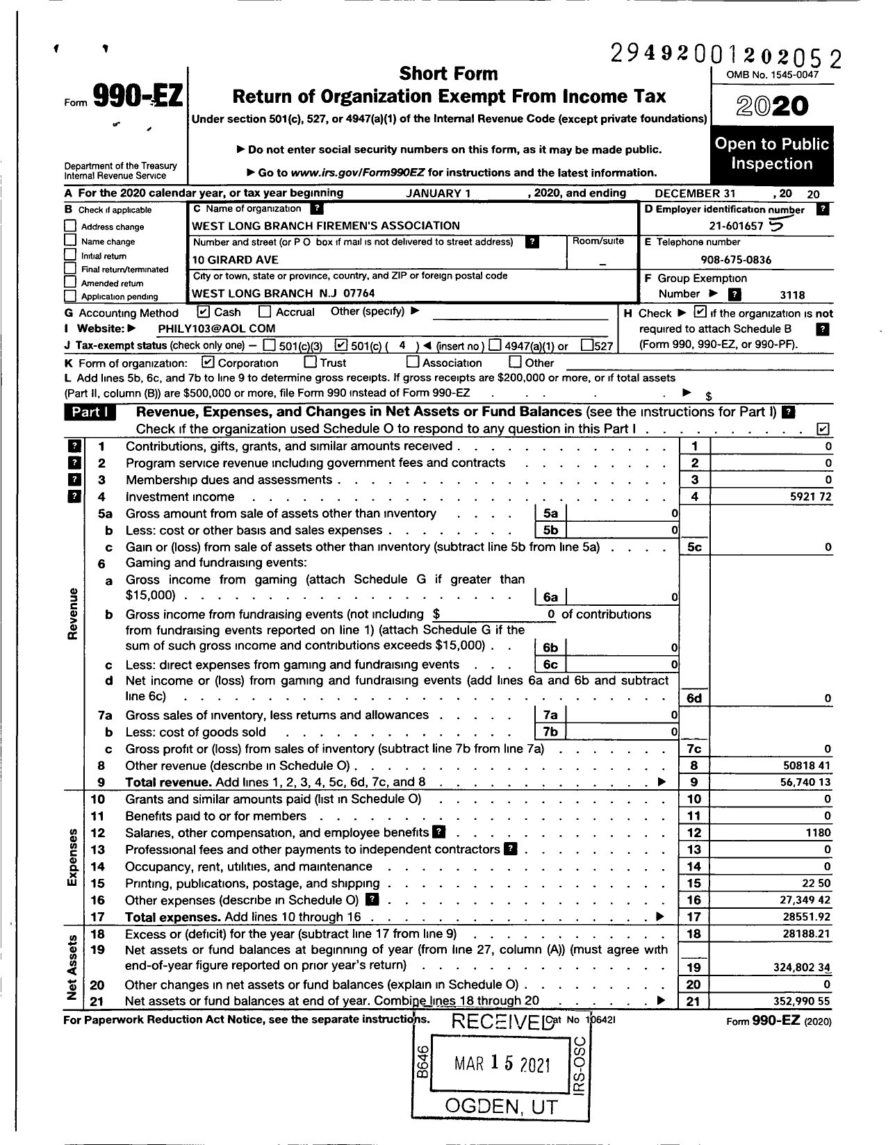 Image of first page of 2020 Form 990EO for New Jersey State Firemen's Association - West Long Branch