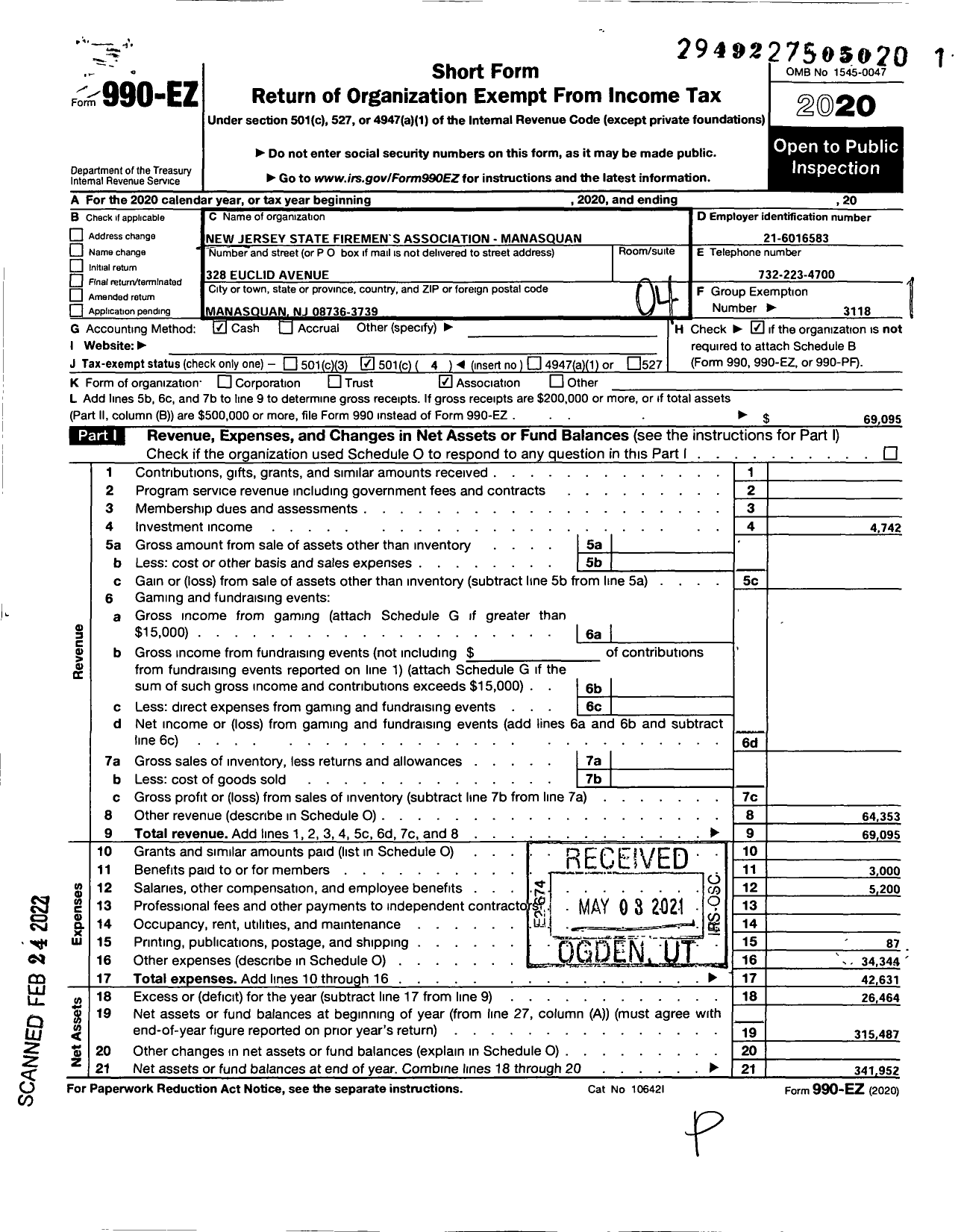 Image of first page of 2020 Form 990EO for New Jersey State Firemen's Association - Manasquan