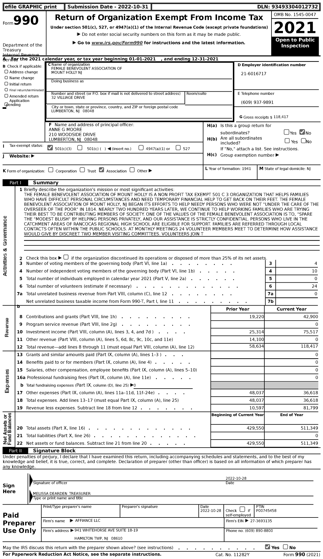 Image of first page of 2021 Form 990 for Female Benevolent Association of Mount Holly NJ