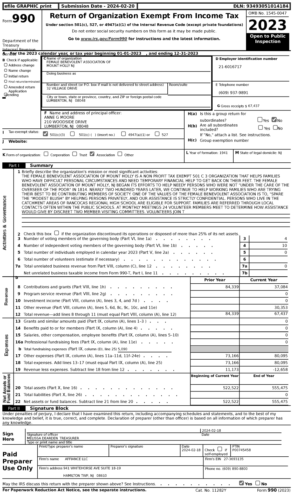 Image of first page of 2023 Form 990 for Female Benevolent Association of Mount Holly NJ