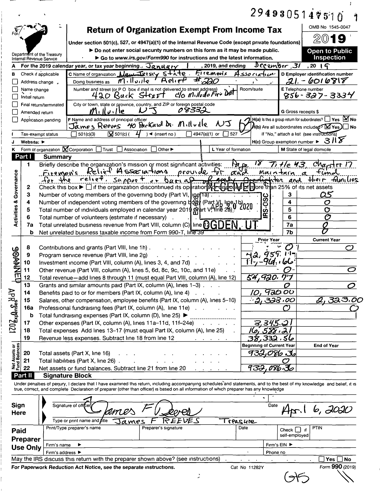 Image of first page of 2019 Form 990 for New Jersey State Firemen's Association - 220 Millville Relief