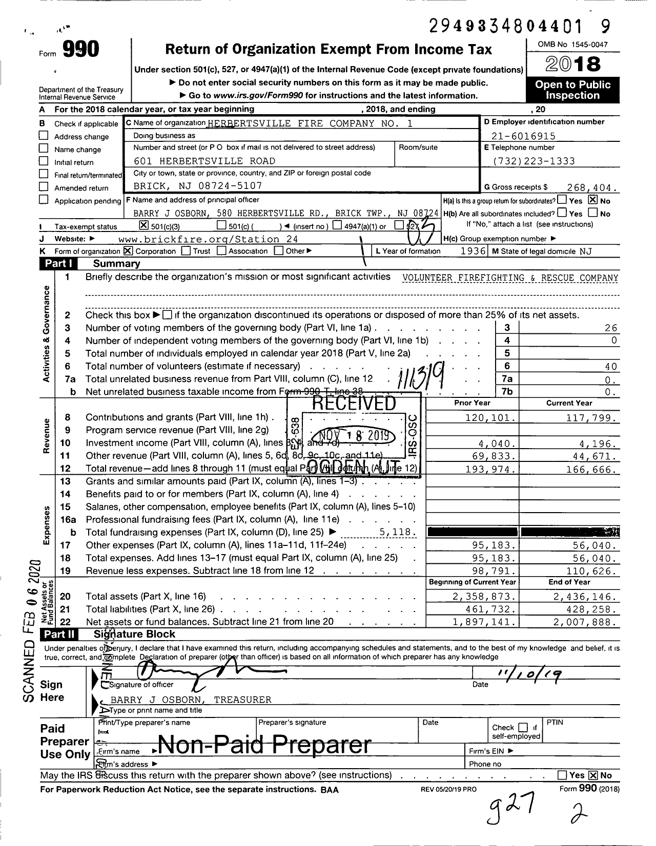 Image of first page of 2018 Form 990 for Herbertsville Fire Company No 1