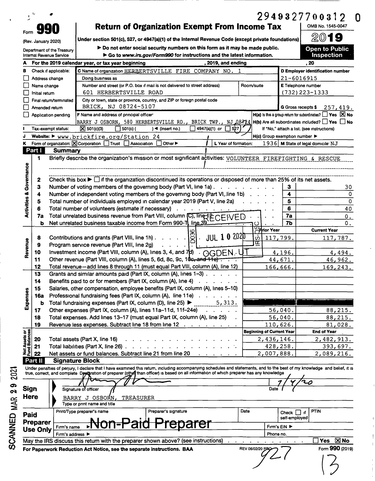 Image of first page of 2019 Form 990 for Herbertsville Fire Company No 1