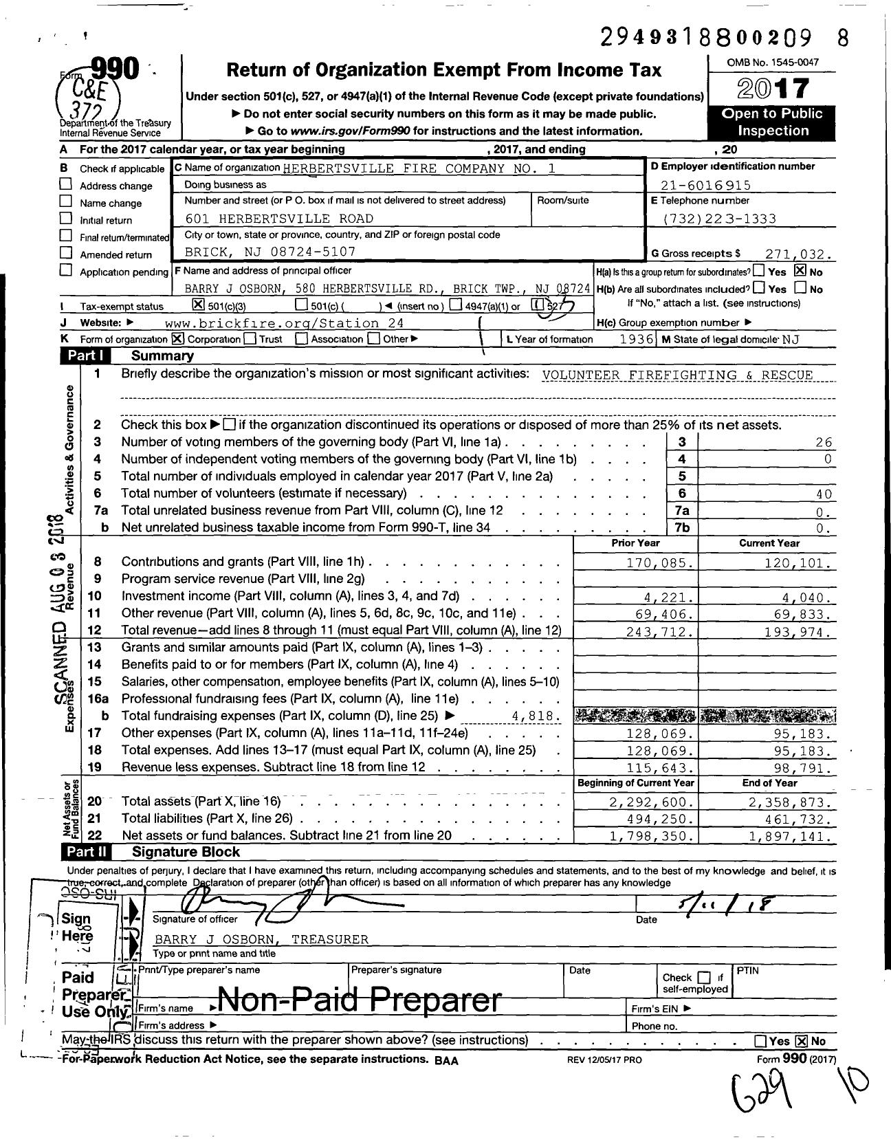 Image of first page of 2017 Form 990 for Herbertsville Fire Company No 1