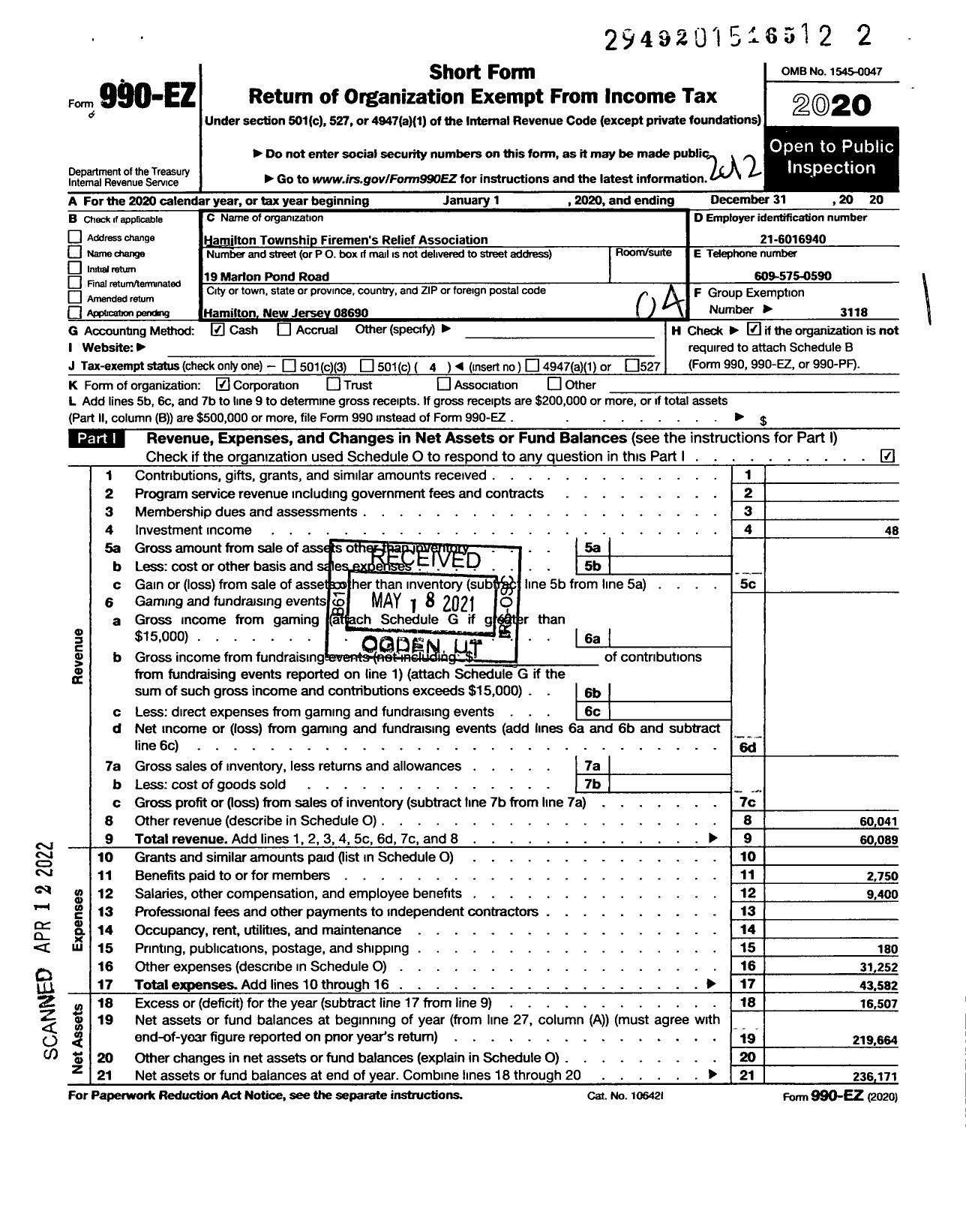 Image of first page of 2020 Form 990EO for New Jersey State Firemen's Association - Hamilton Township Firemen's Relief Association