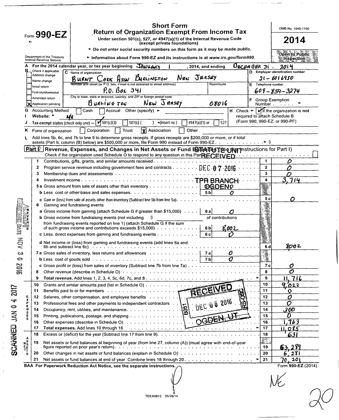 Image of first page of 2014 Form 990EZ for Burnt Cork Association Burlington N