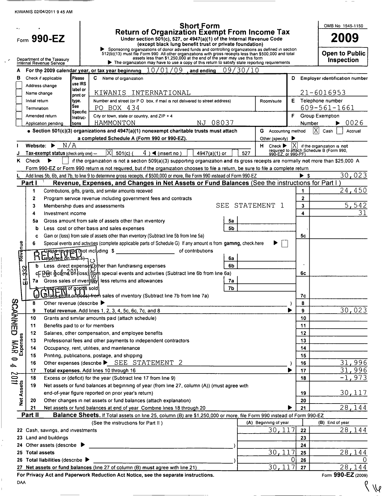 Image of first page of 2009 Form 990EO for Kiwanis International - K00740 Hammonton