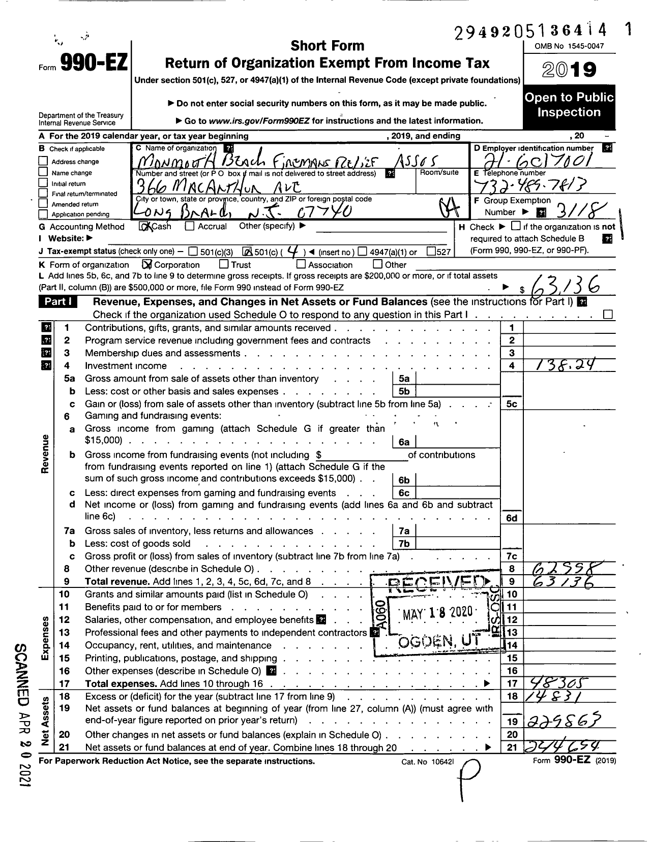 Image of first page of 2019 Form 990EO for Monmouth Beach Firemans Relief Association