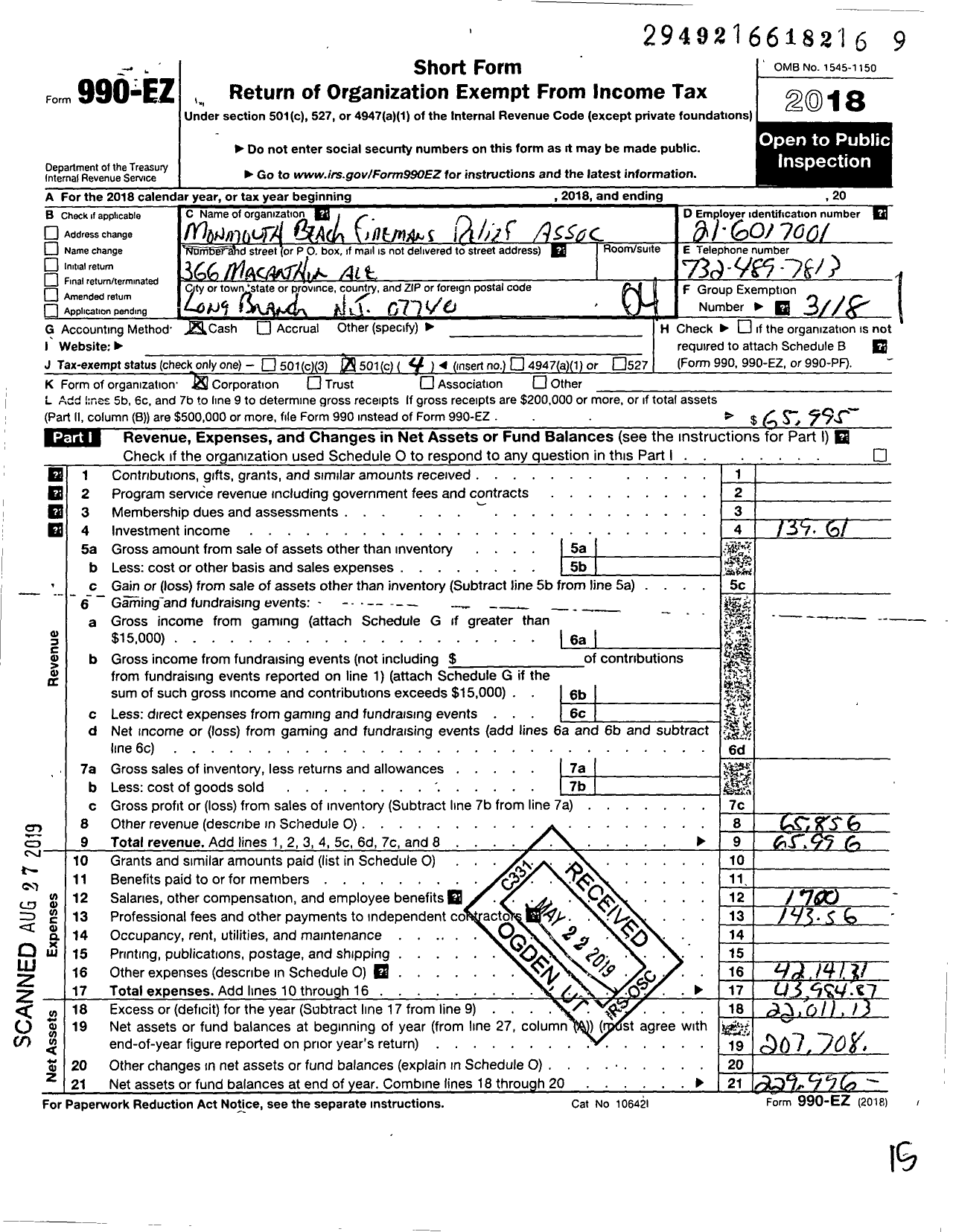 Image of first page of 2018 Form 990EO for Monmouth Beach Firemans Relief Association