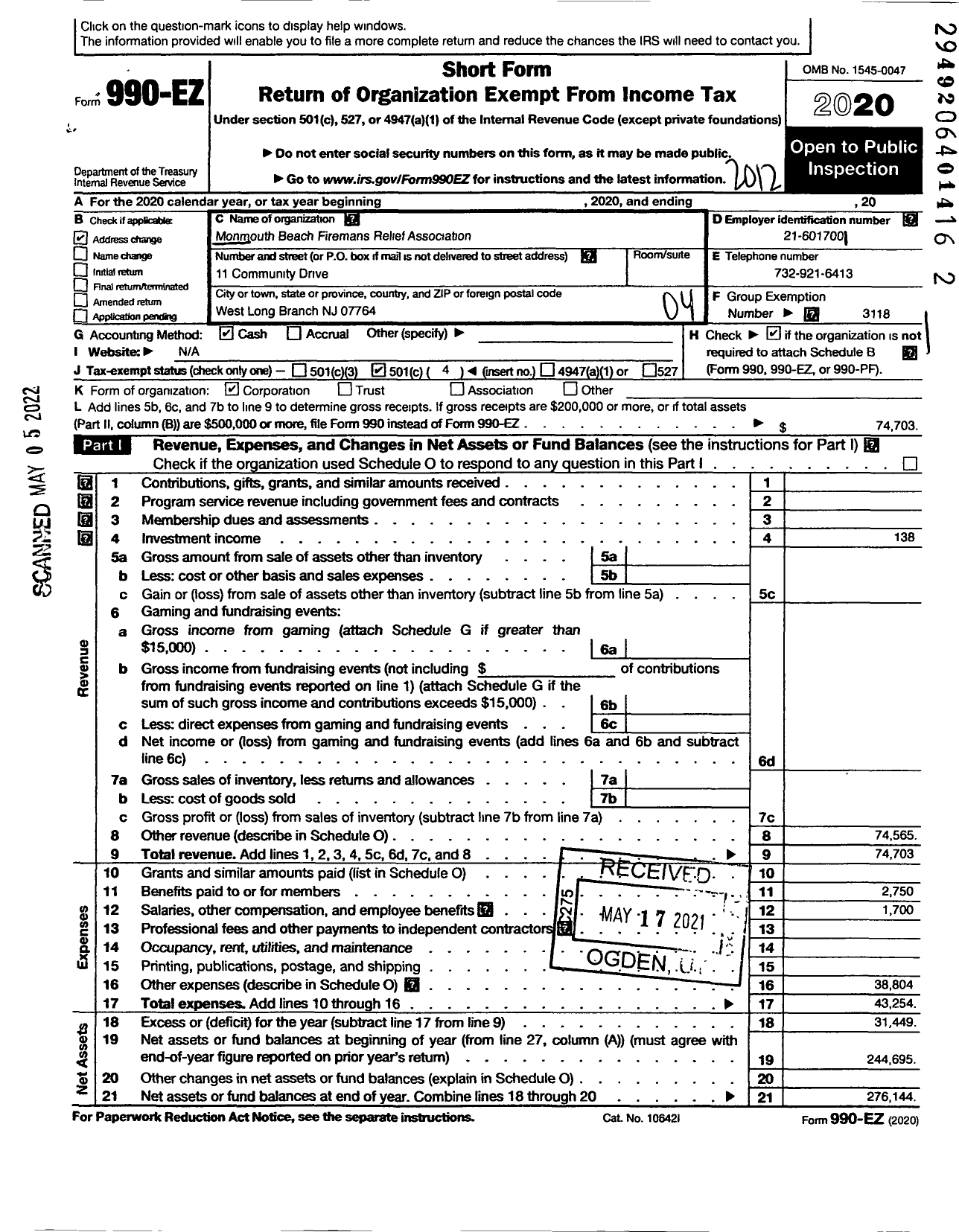 Image of first page of 2020 Form 990EO for Monmouth Beach Firemans Relief Association