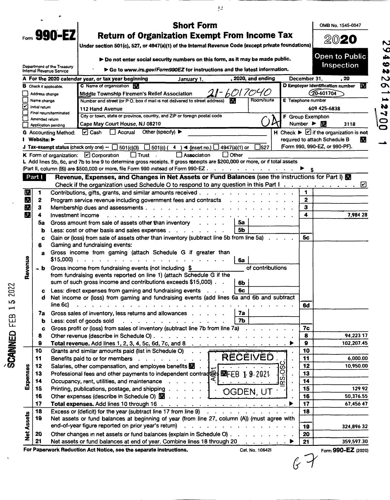 Image of first page of 2020 Form 990EO for New Jersey State Firemen's Association - Middle Township