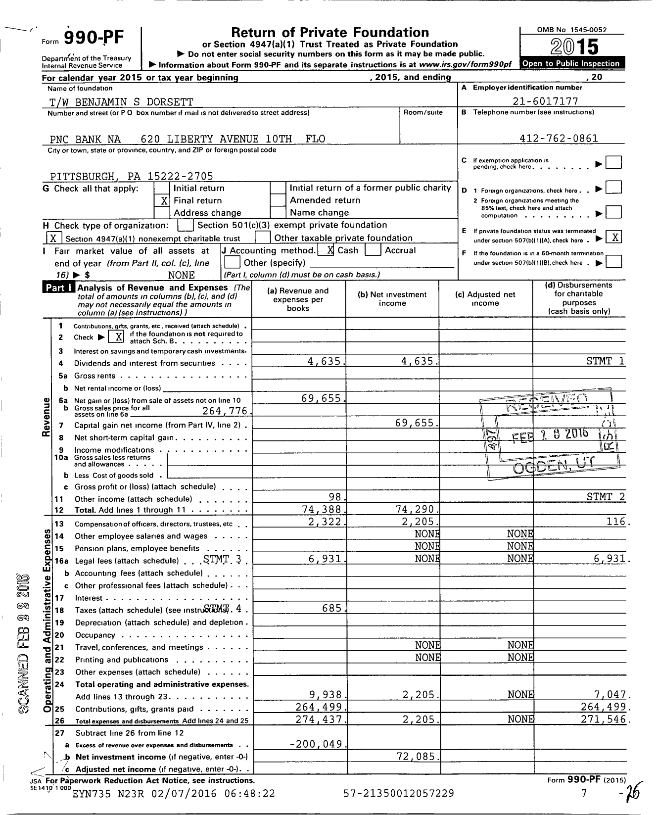 Image of first page of 2015 Form 990PF for TW Benjamin S Dorsett