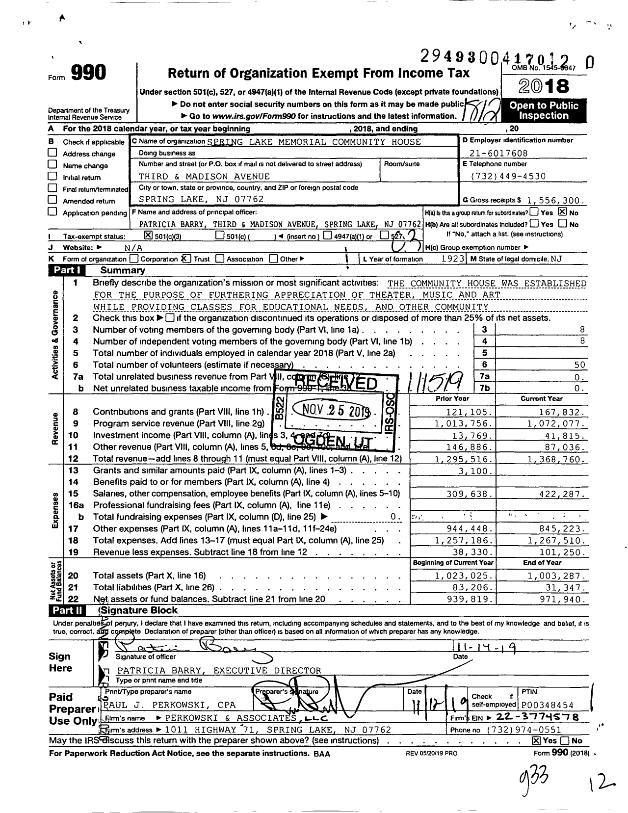 Image of first page of 2018 Form 990 for Spring Lake Memorial Community House