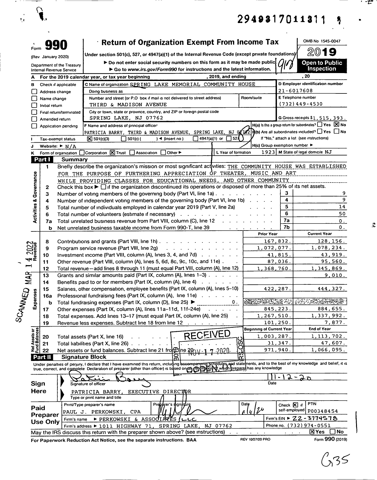 Image of first page of 2019 Form 990 for Spring Lake Memorial Community House