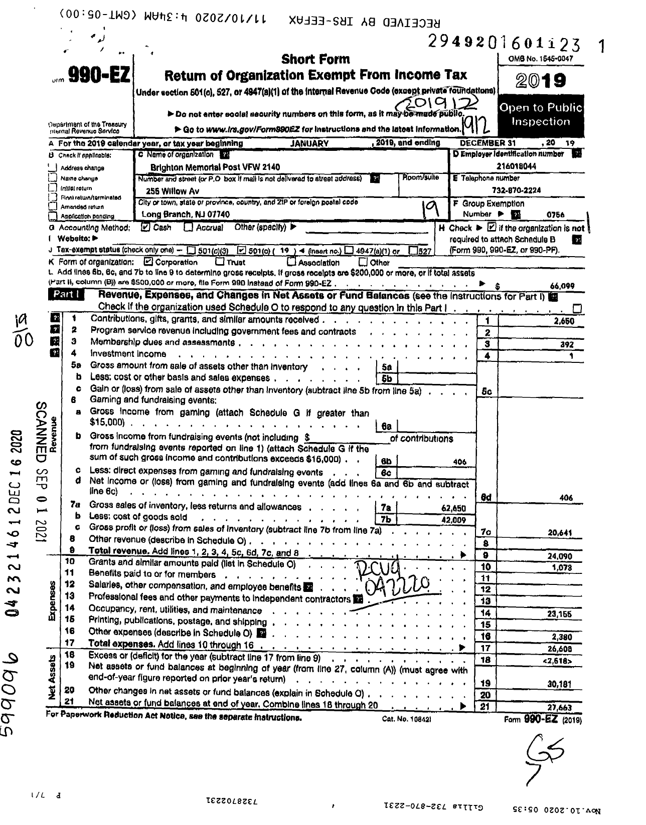 Image of first page of 2019 Form 990EO for Department of New Jersey VFW - 2140 VFW-N J Brighton Memorial