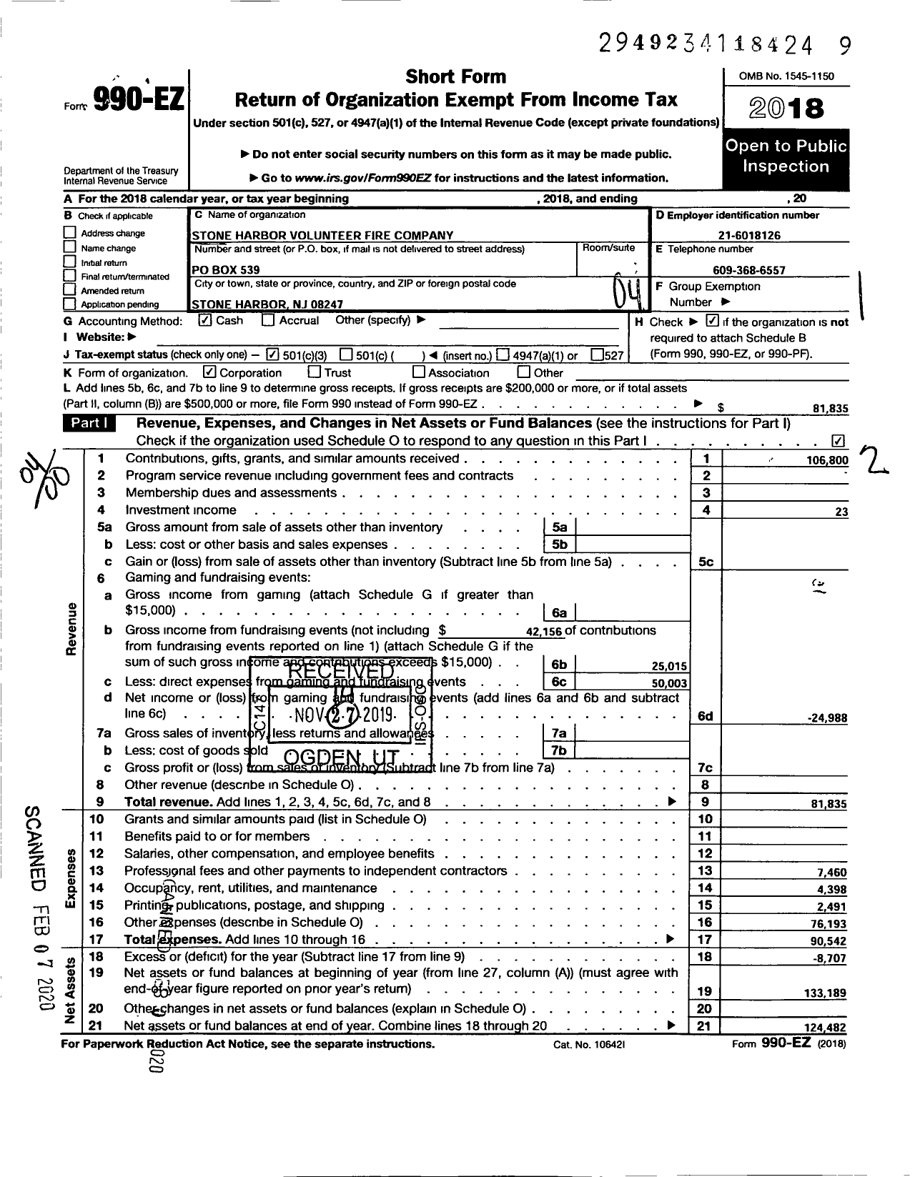 Image of first page of 2018 Form 990EO for Stone Harbor Volunteer Fire Company 1