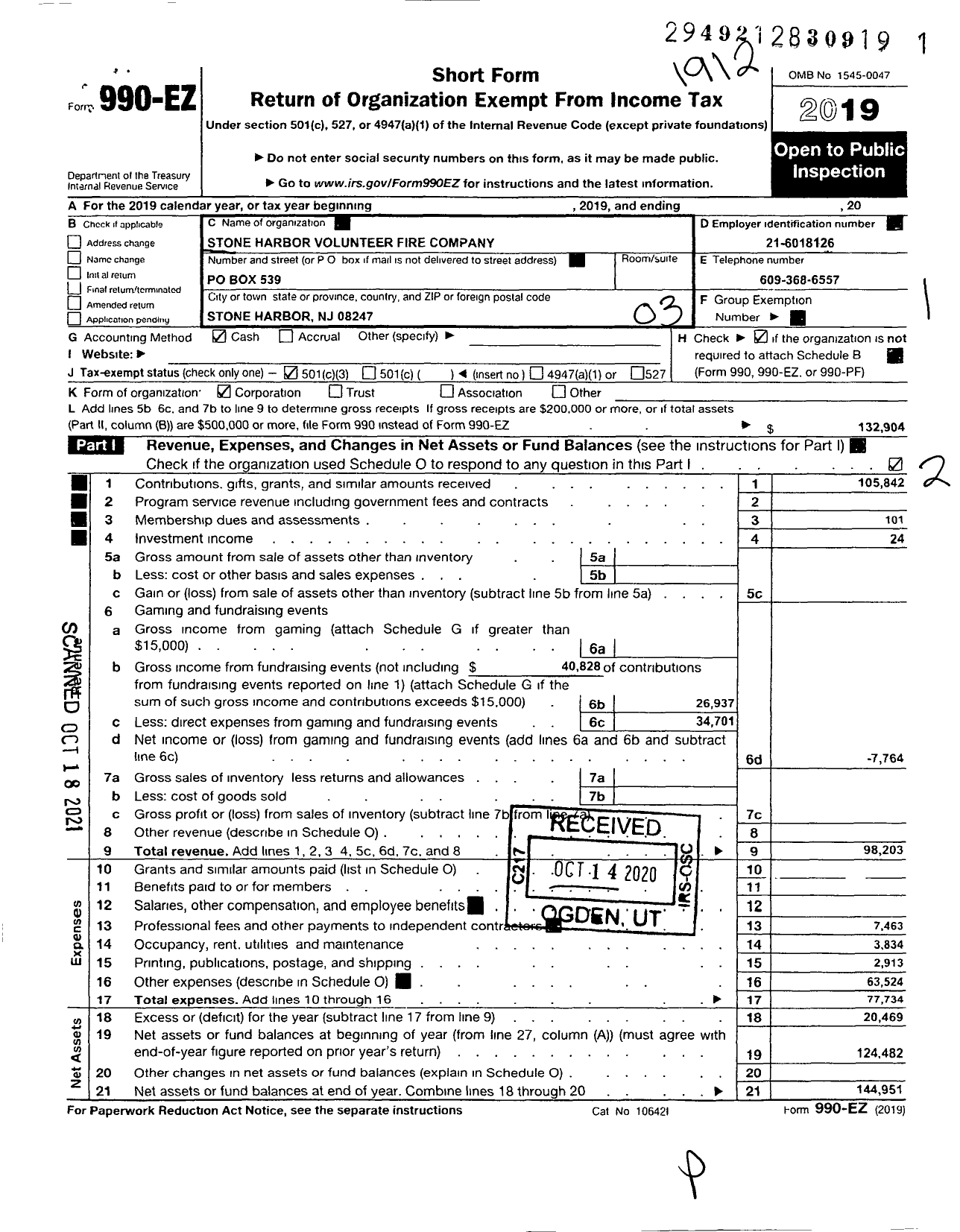 Image of first page of 2019 Form 990EZ for Stone Harbor Volunteer Fire Company 1