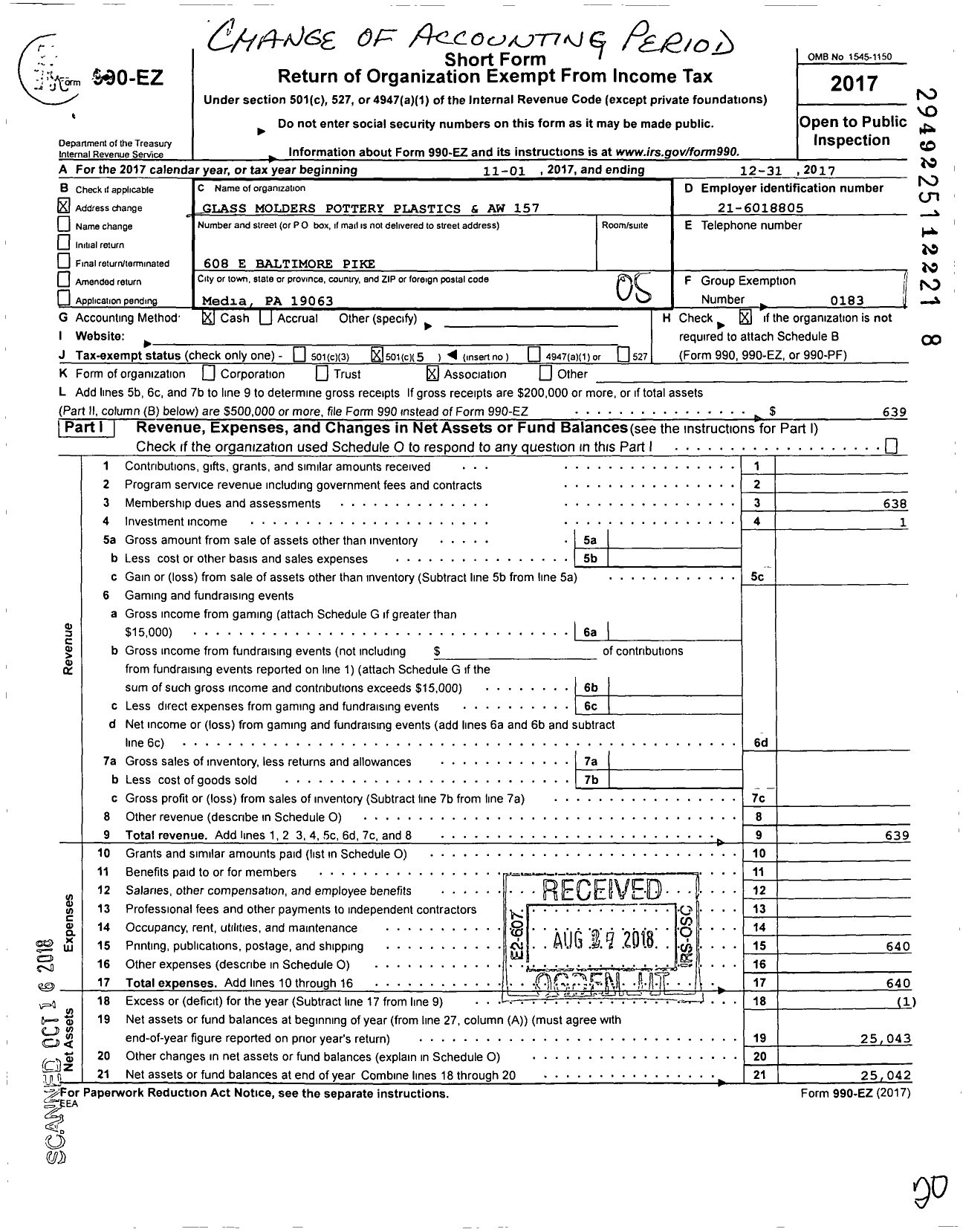 Image of first page of 2017 Form 990EO for United Steelworkers - 157 Glass Pottery Plastics & Aw