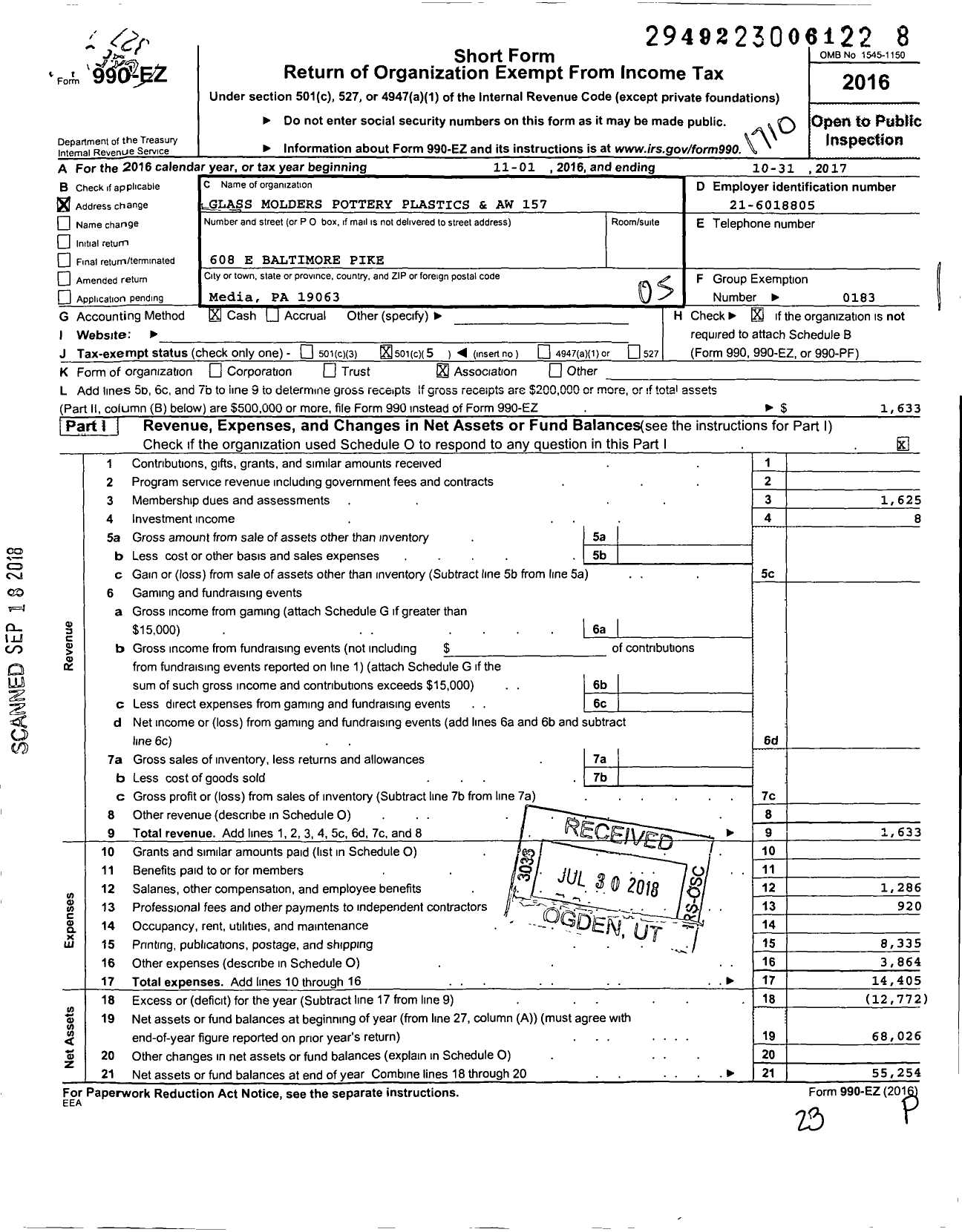 Image of first page of 2016 Form 990EO for United Steelworkers - 157 Glass Pottery Plastics & Aw