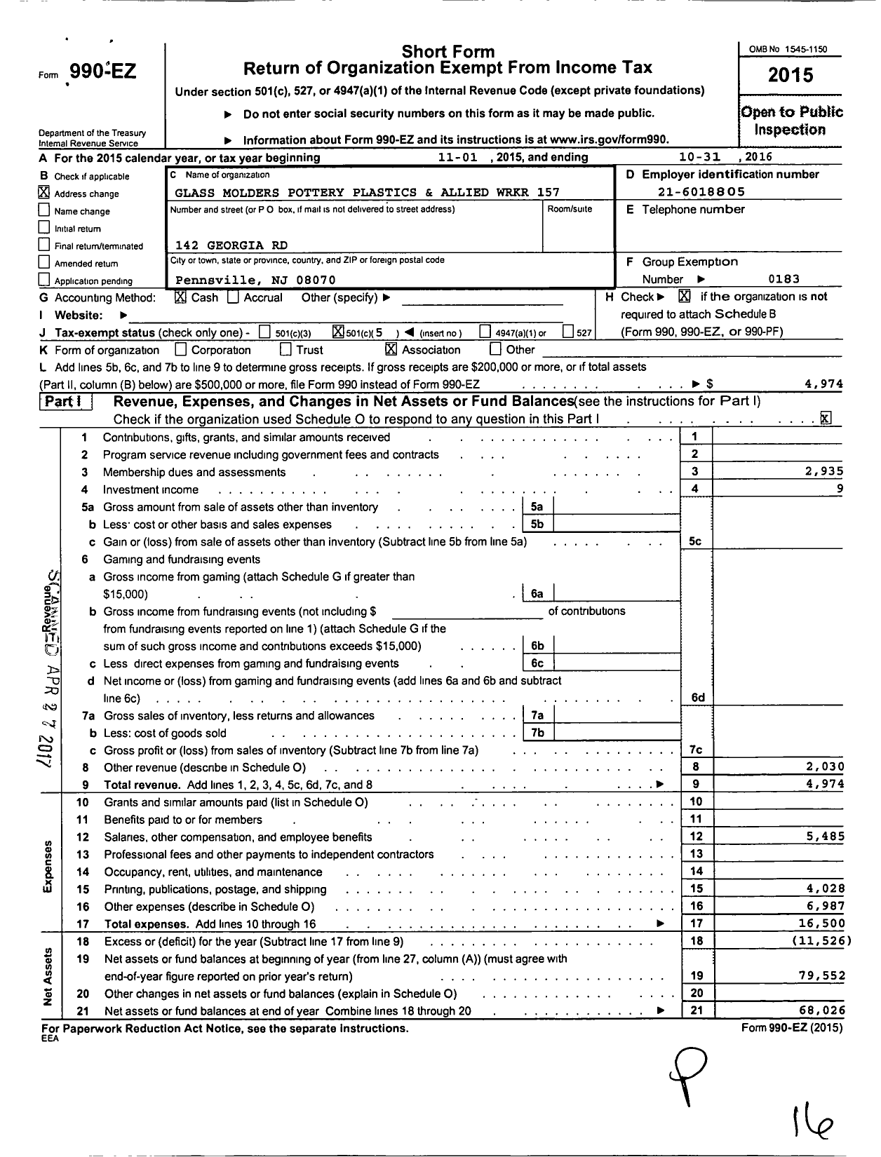 Image of first page of 2015 Form 990EO for United Steelworkers - 157 Glass Pottery Plastics & Aw