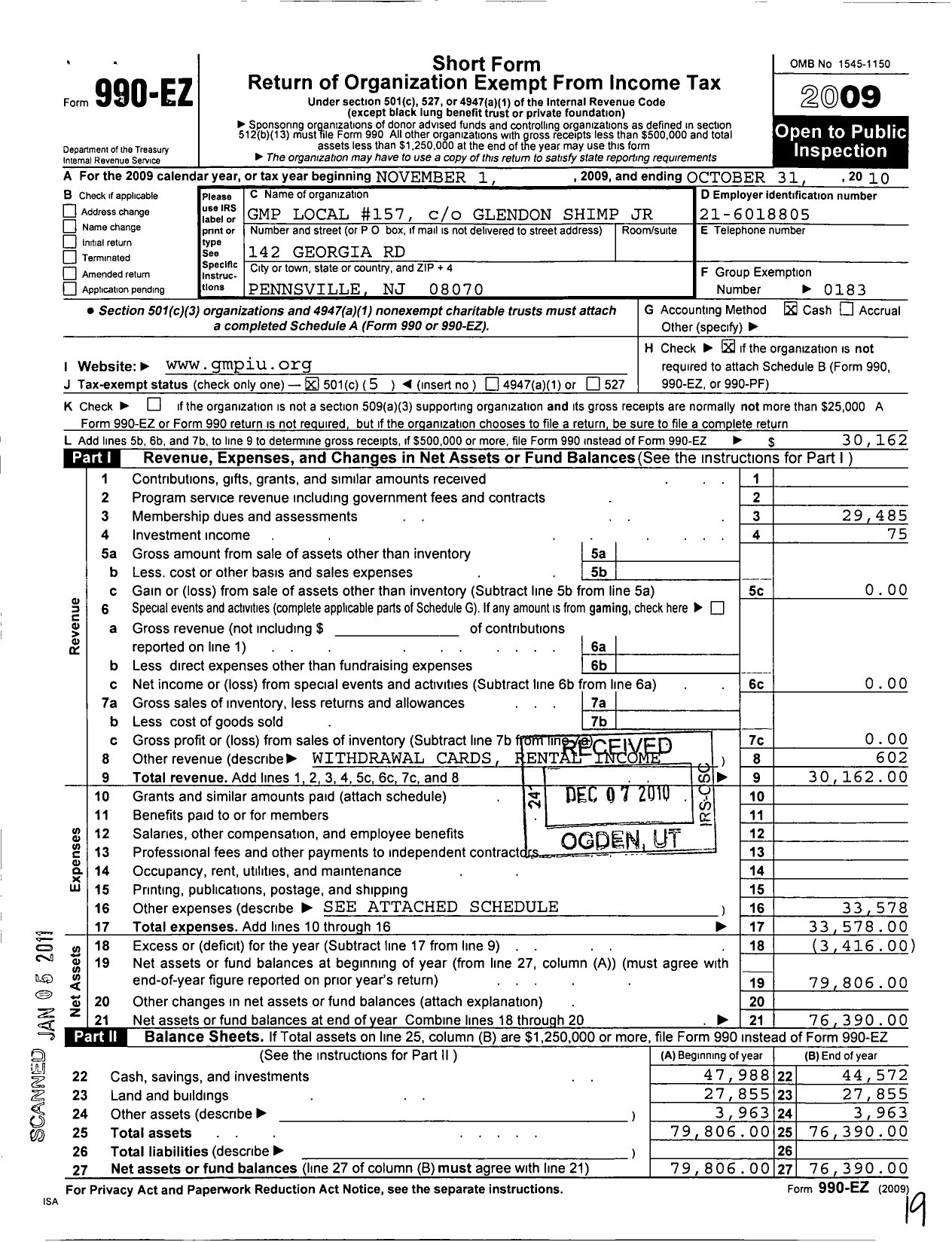 Image of first page of 2009 Form 990EO for United Steelworkers - 157 Glass Pottery Plastics & Aw