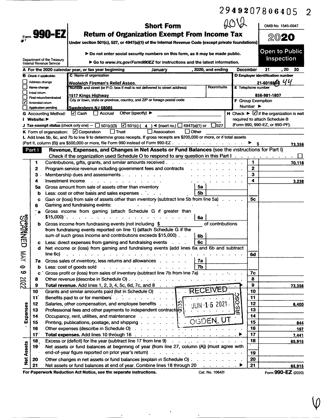 Image of first page of 2020 Form 990EO for New Jersey State Firemen's ASSOCIATION - Woolwich