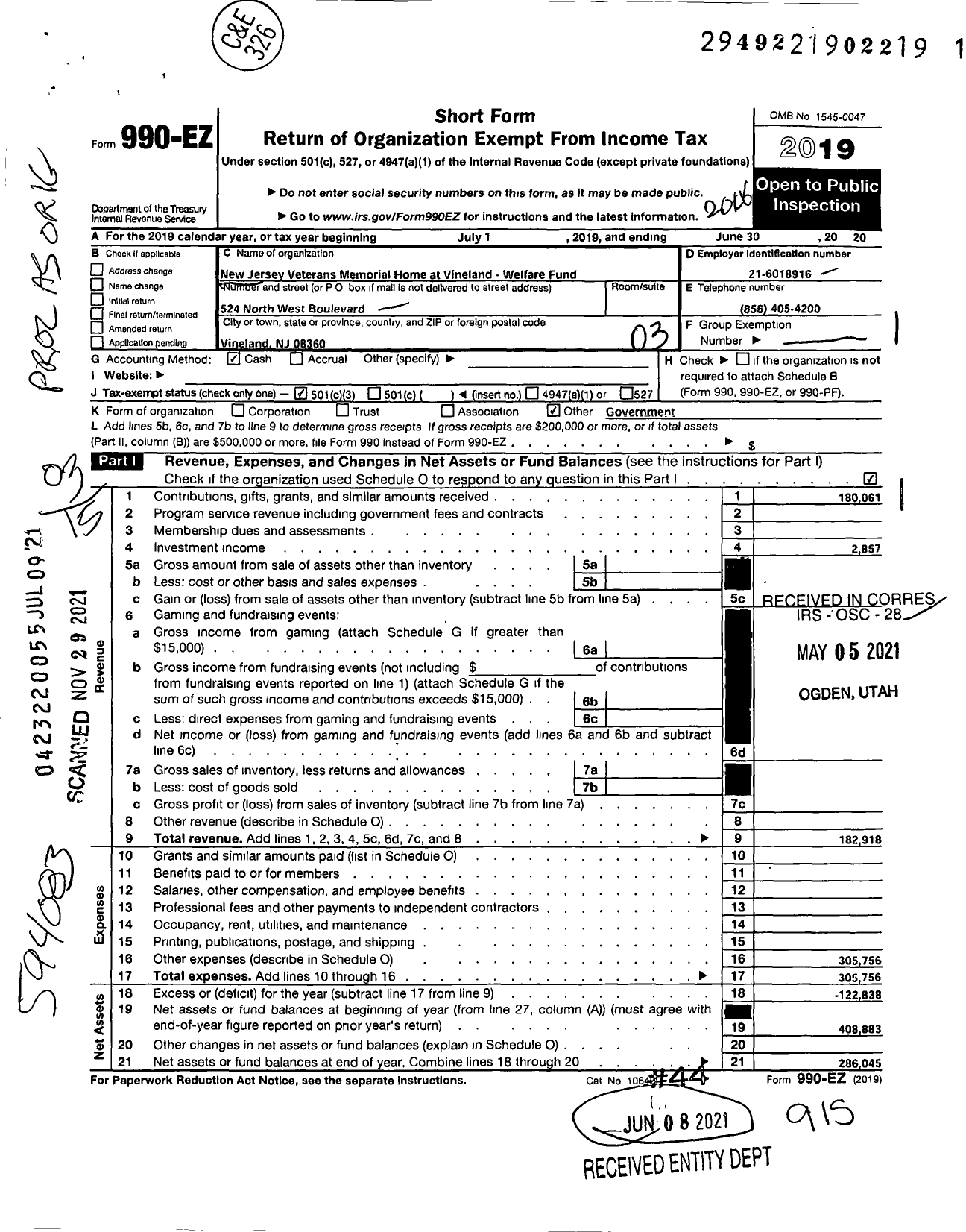 Image of first page of 2019 Form 990EZ for New Jersey Veterans Memorial Home at Vineland - Welfare Fund